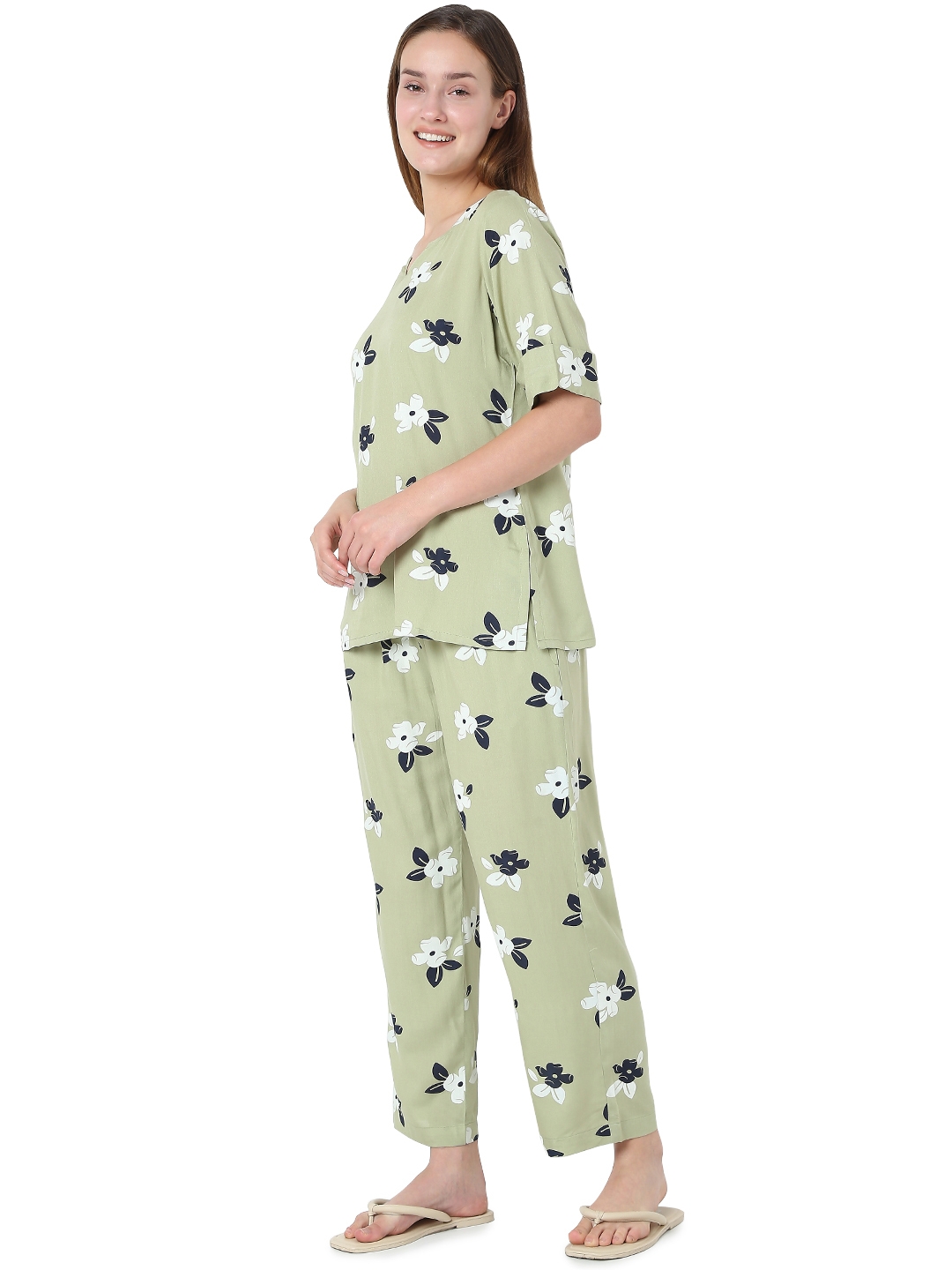 Smarty Pants | Smarty Pants women's cotton olive floral print night suit.  1