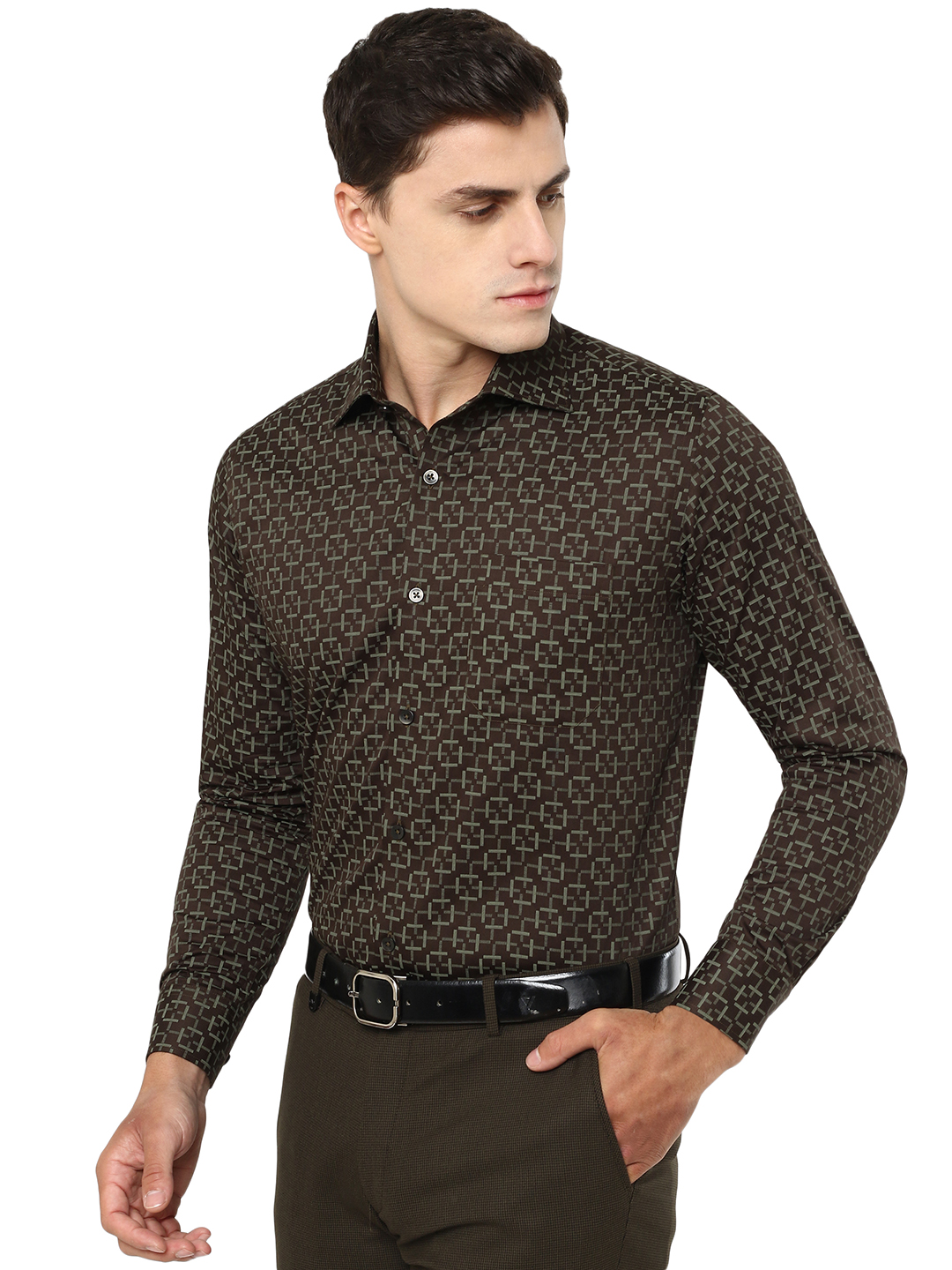 Dark Grey Printed Slim Fit Formal Shirt | Metal