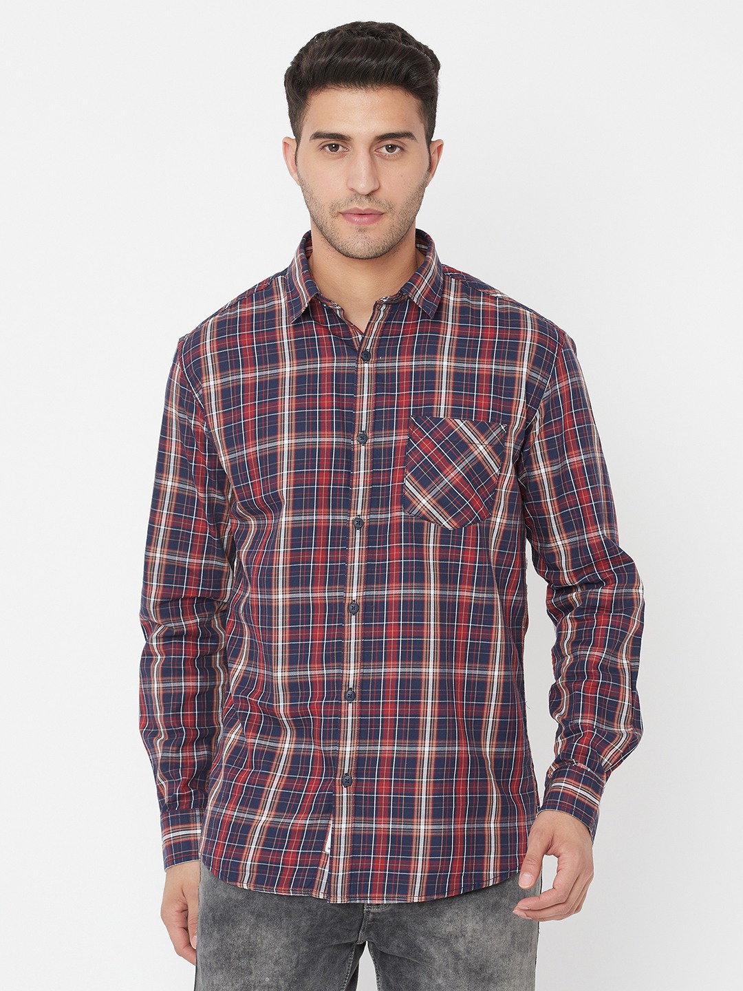  Maroon Tartan Checks Opaque Checked Full Sleeve Casual Shirt