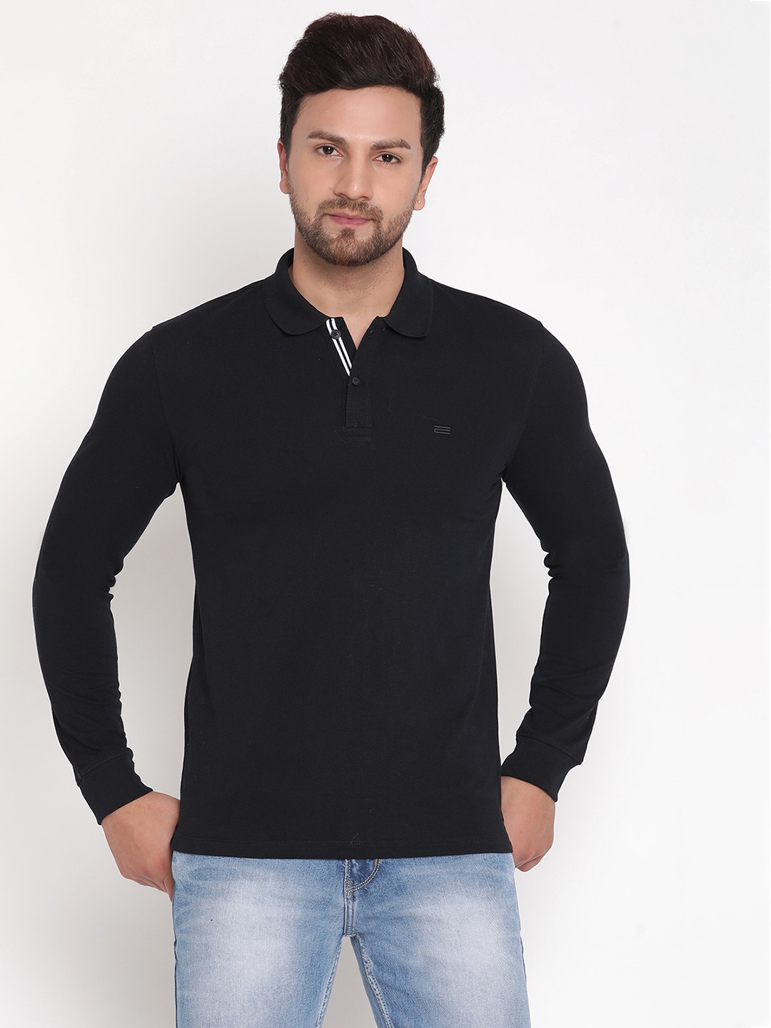 Navy Blue Solid Full Sleeve Polo Collar Full Sleeve T-shirt