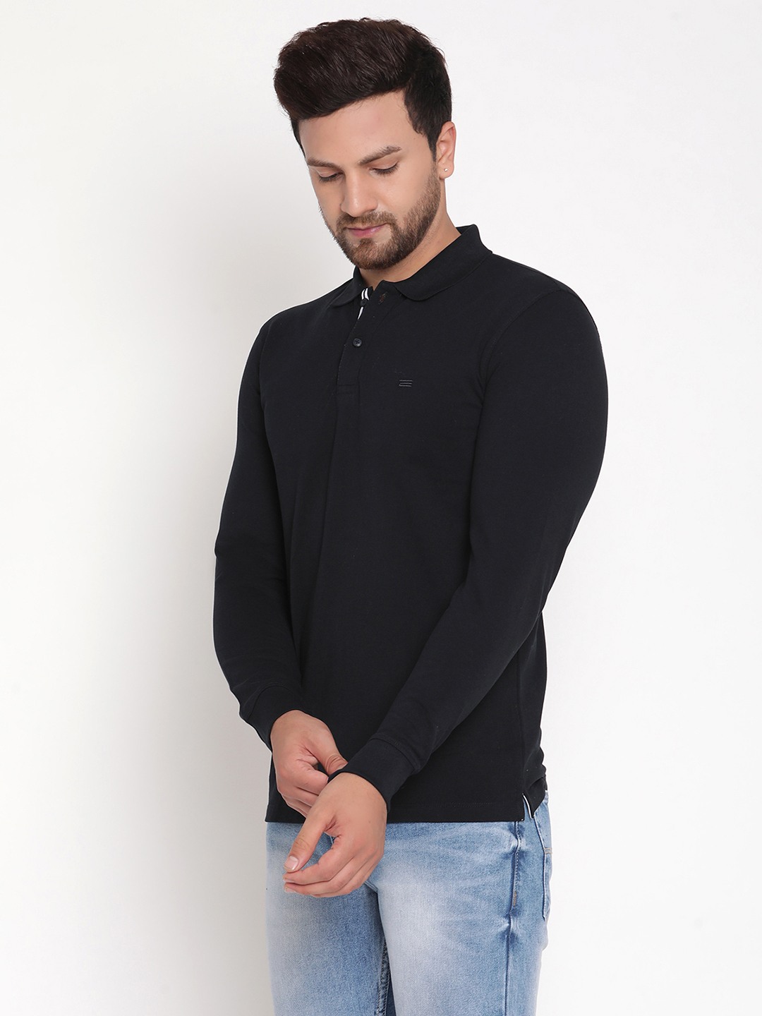 Navy Blue Solid Full Sleeve Polo Collar Full Sleeve T-shirt