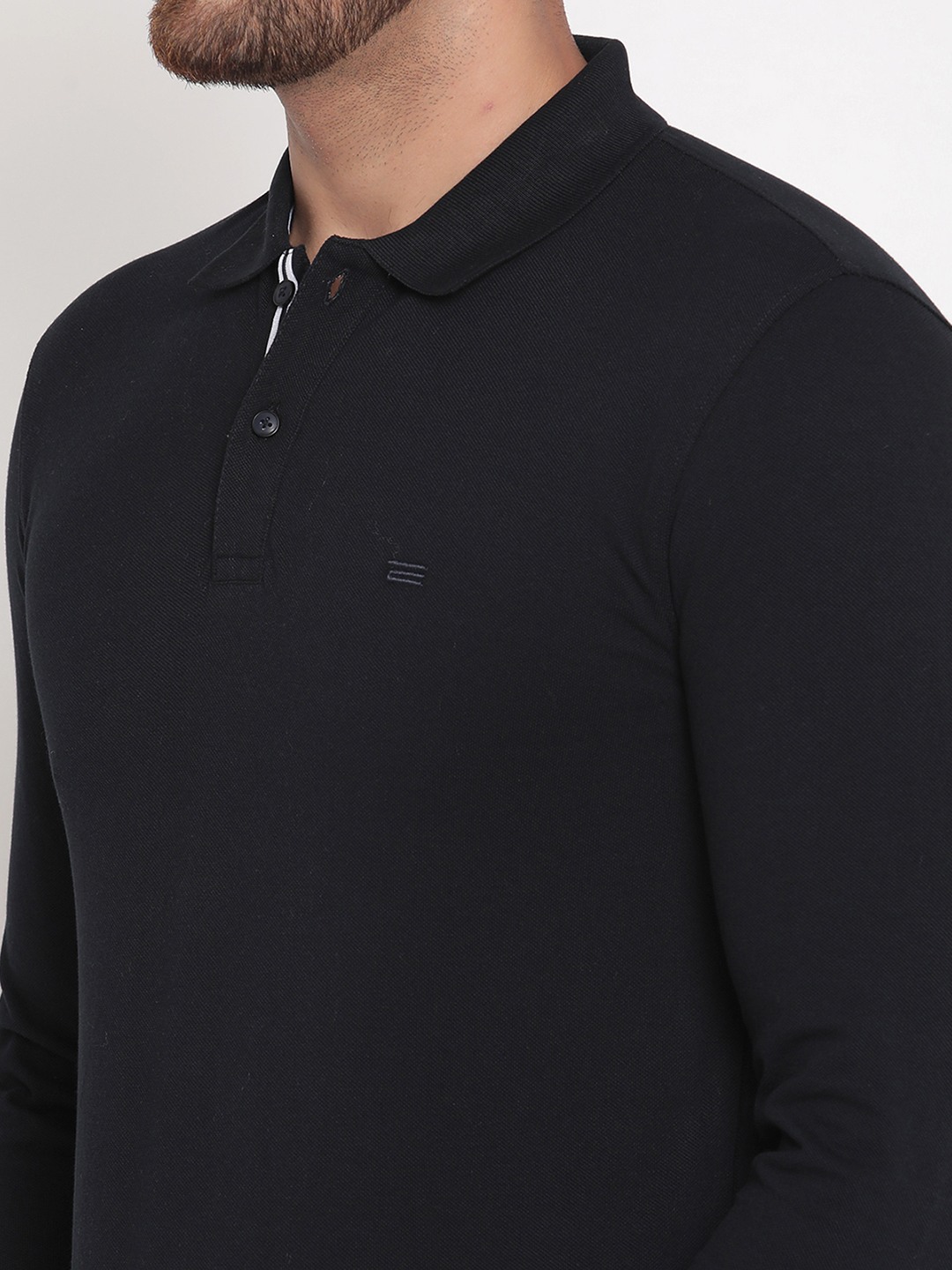 Navy Blue Solid Full Sleeve Polo Collar Full Sleeve T-shirt