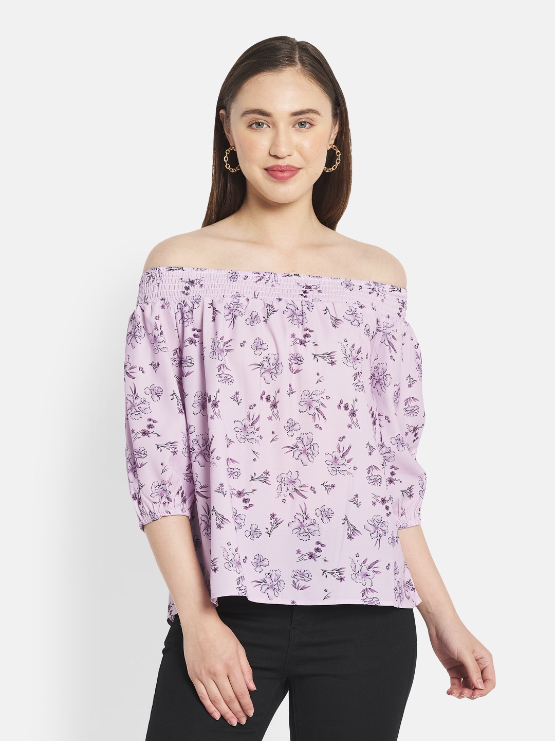 METTLE Purple Floral Print Off-Shoulder Bardot Top