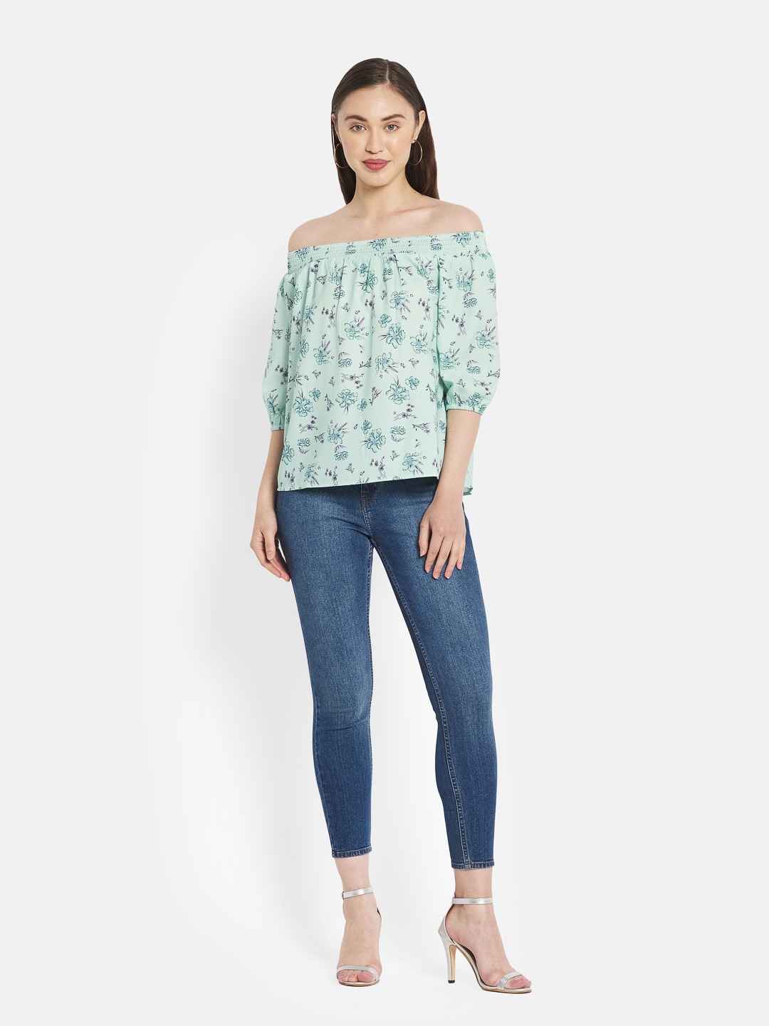METTLE Olive Green Floral Print Off-Shoulder Bardot Top