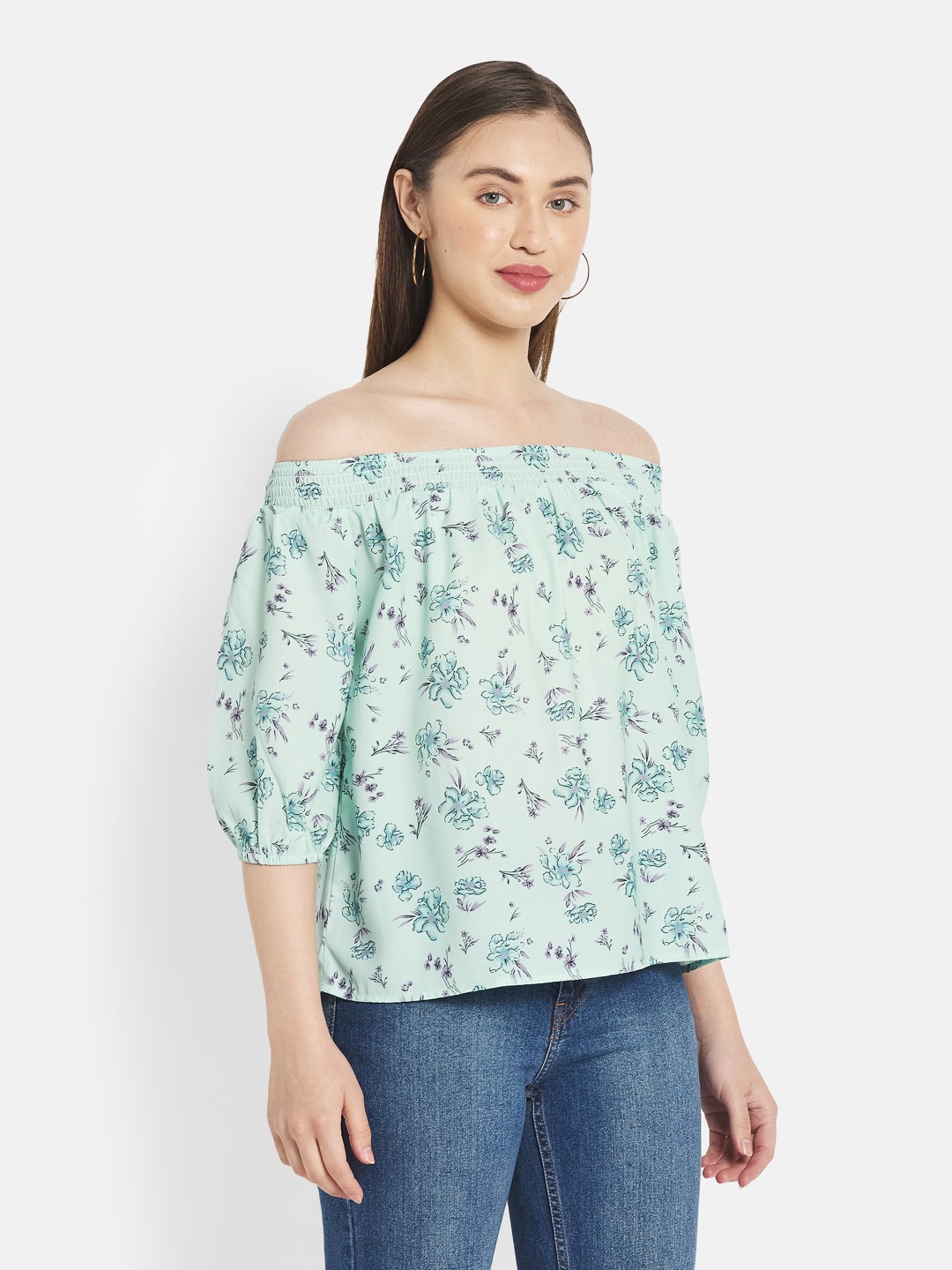 METTLE Olive Green Floral Print Off-Shoulder Bardot Top