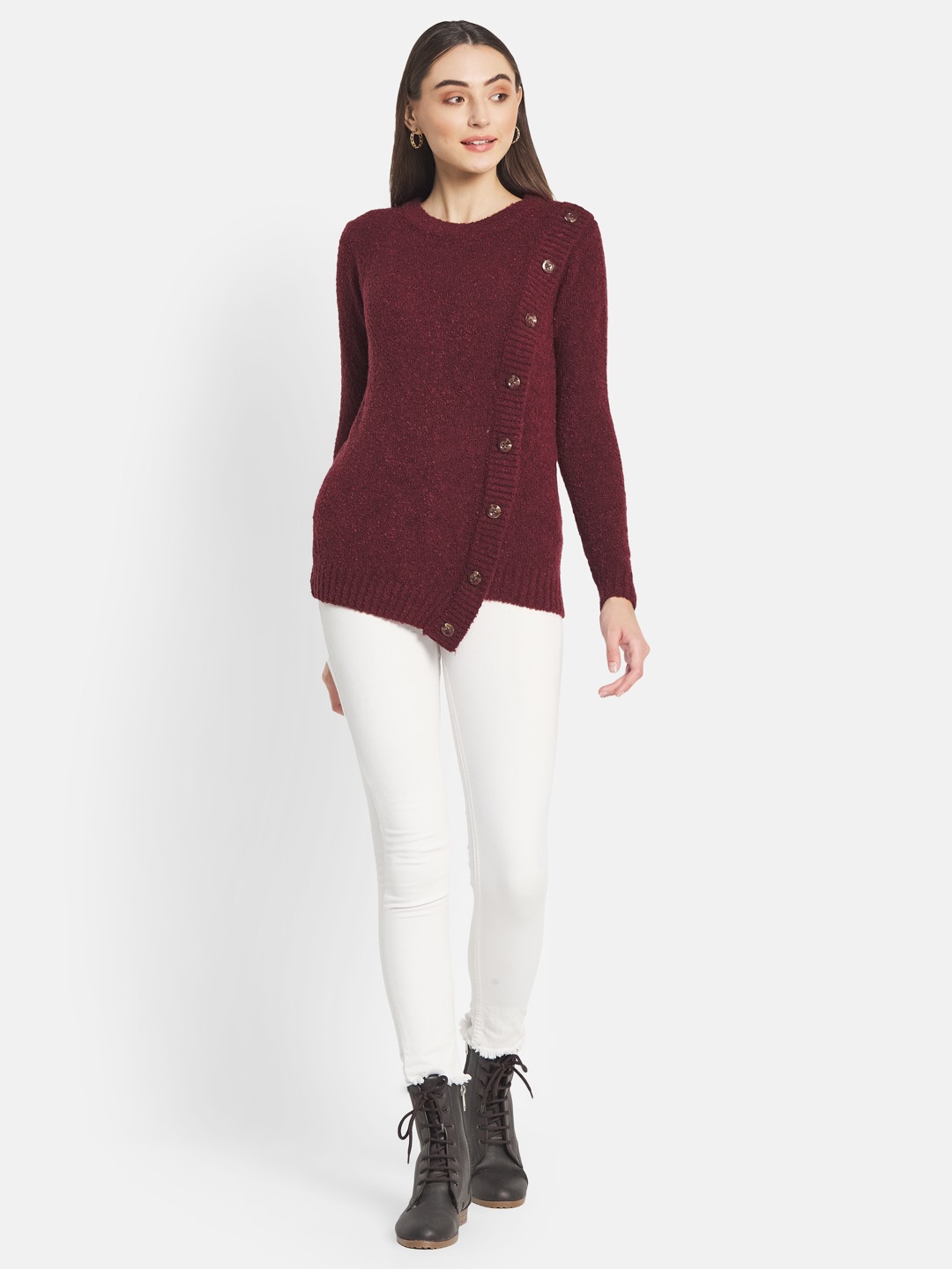 METTLE Women Maroon Cable Knit Cardigan