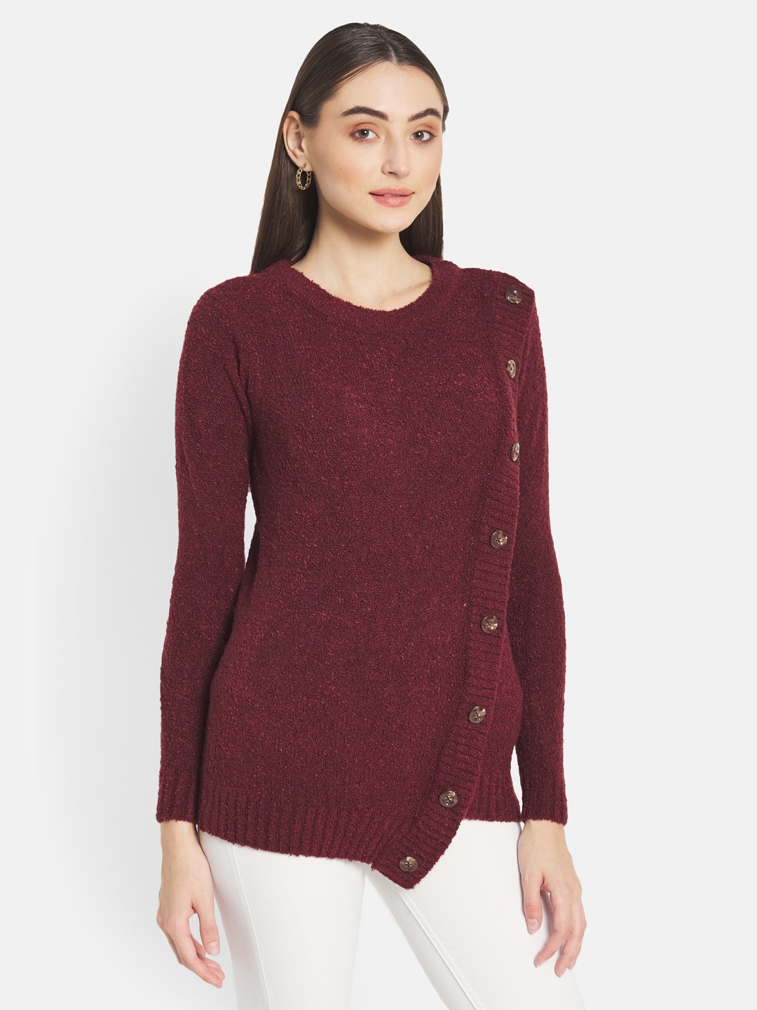 METTLE Women Maroon Cable Knit Cardigan