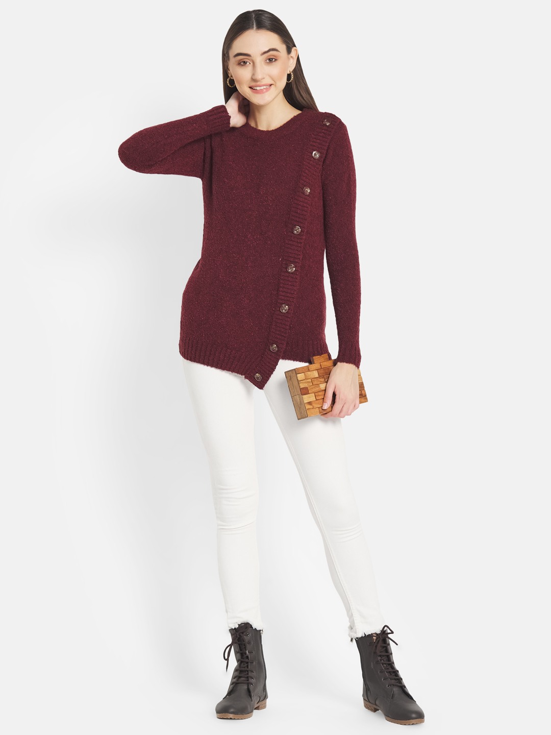 METTLE Women Maroon Cable Knit Cardigan