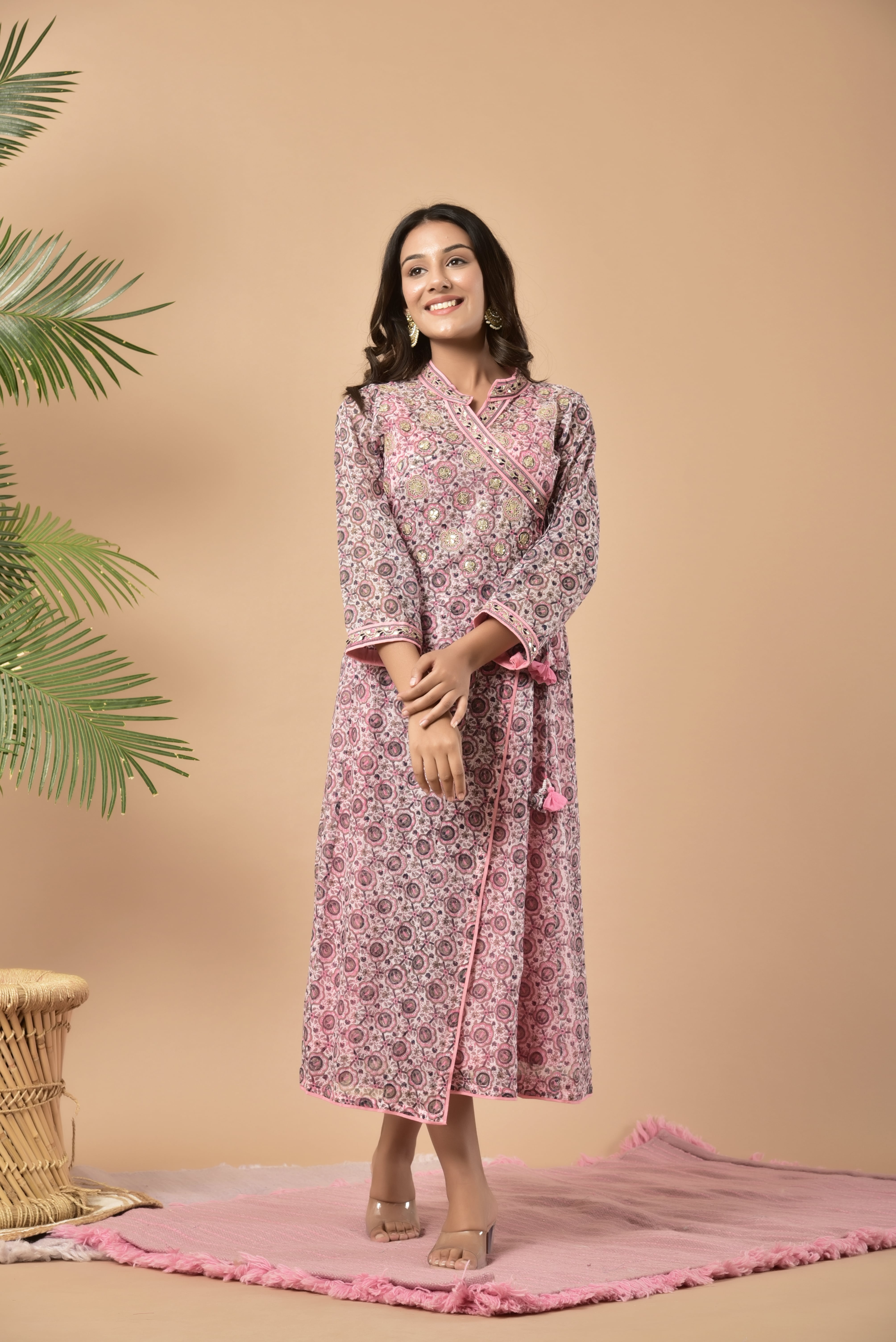 KAARAH BY KAAVYA | Block printed angrakha kurta with highlighted border on the neck and on the edge of the sleeves this has tassels on the side and has a seperate slip undefined