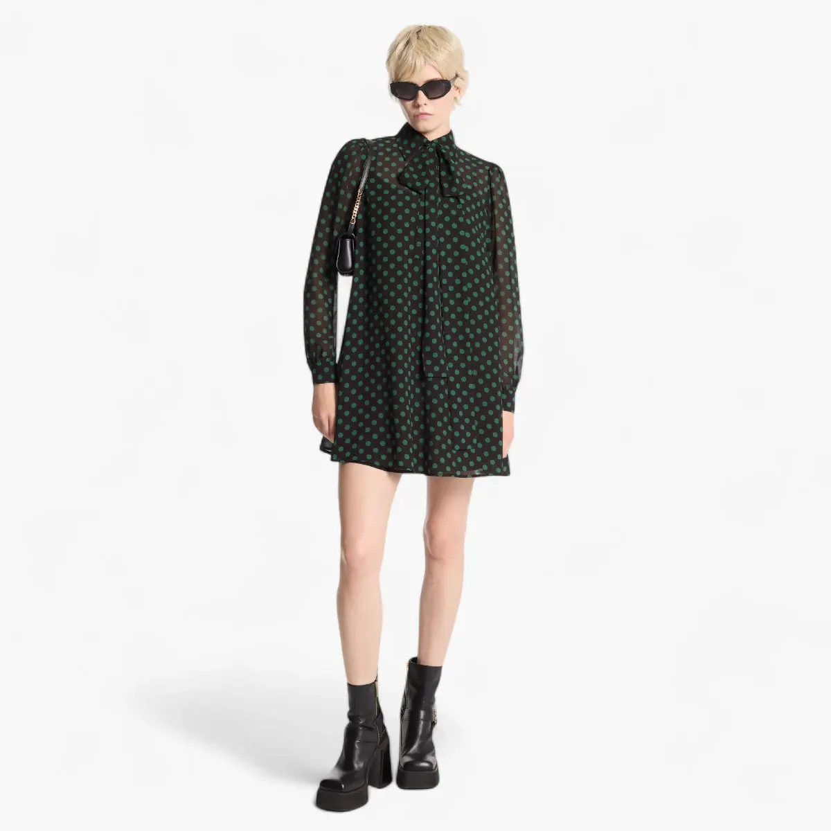 Polka Dot Georgette Tie-Neck Dress