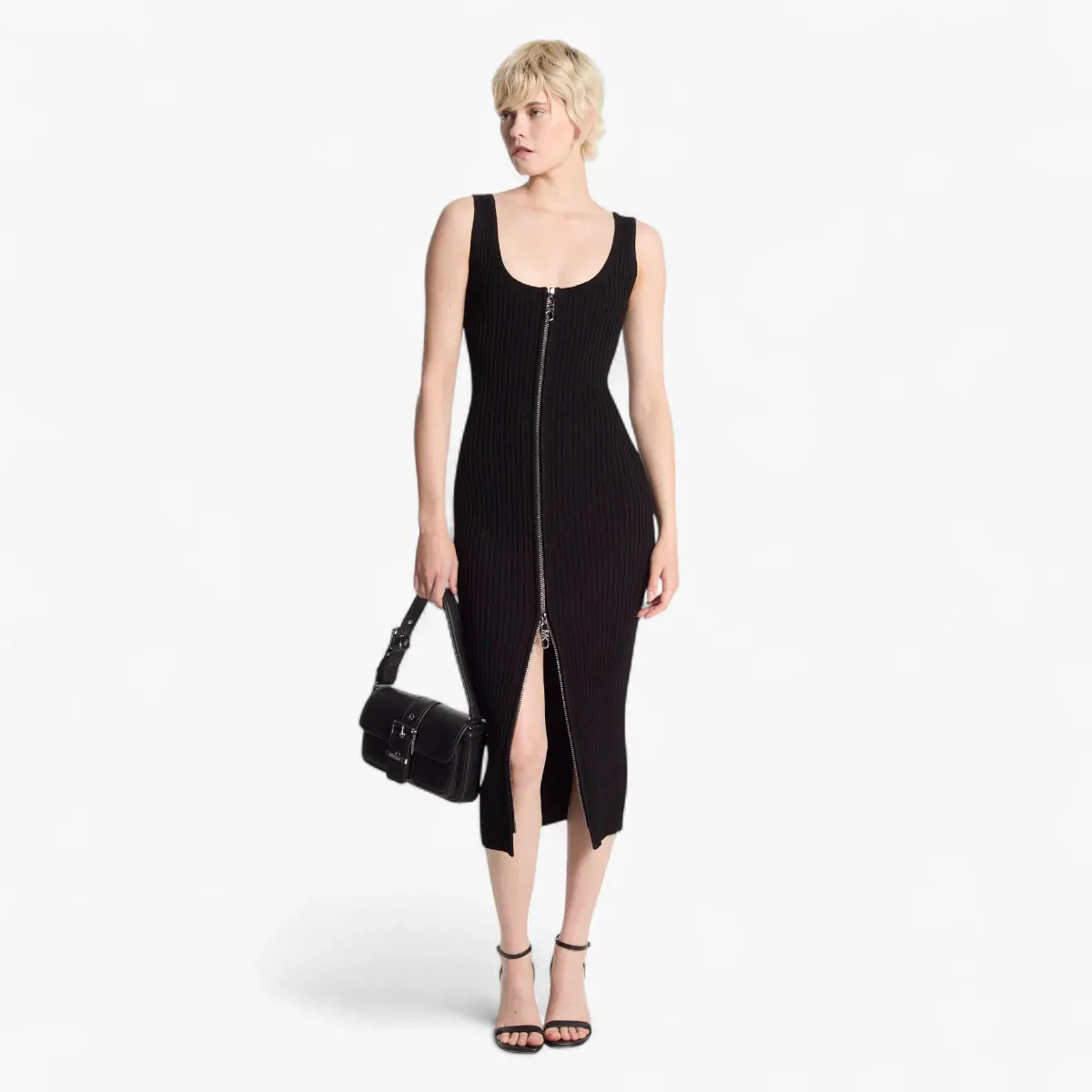 Ribbed Stretch Knit Zip Dress