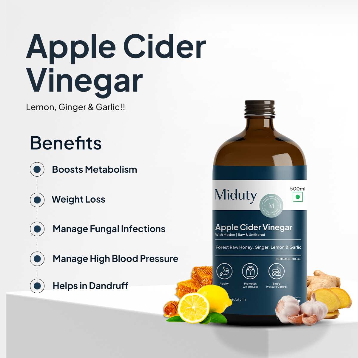 Miduty | Apple Cider Vinegar | Raw Honey Lemon Garlic Ginger | 500ml