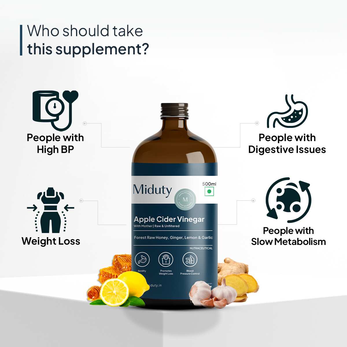 Miduty | Apple Cider Vinegar | Raw Honey Lemon Garlic Ginger | 500ml