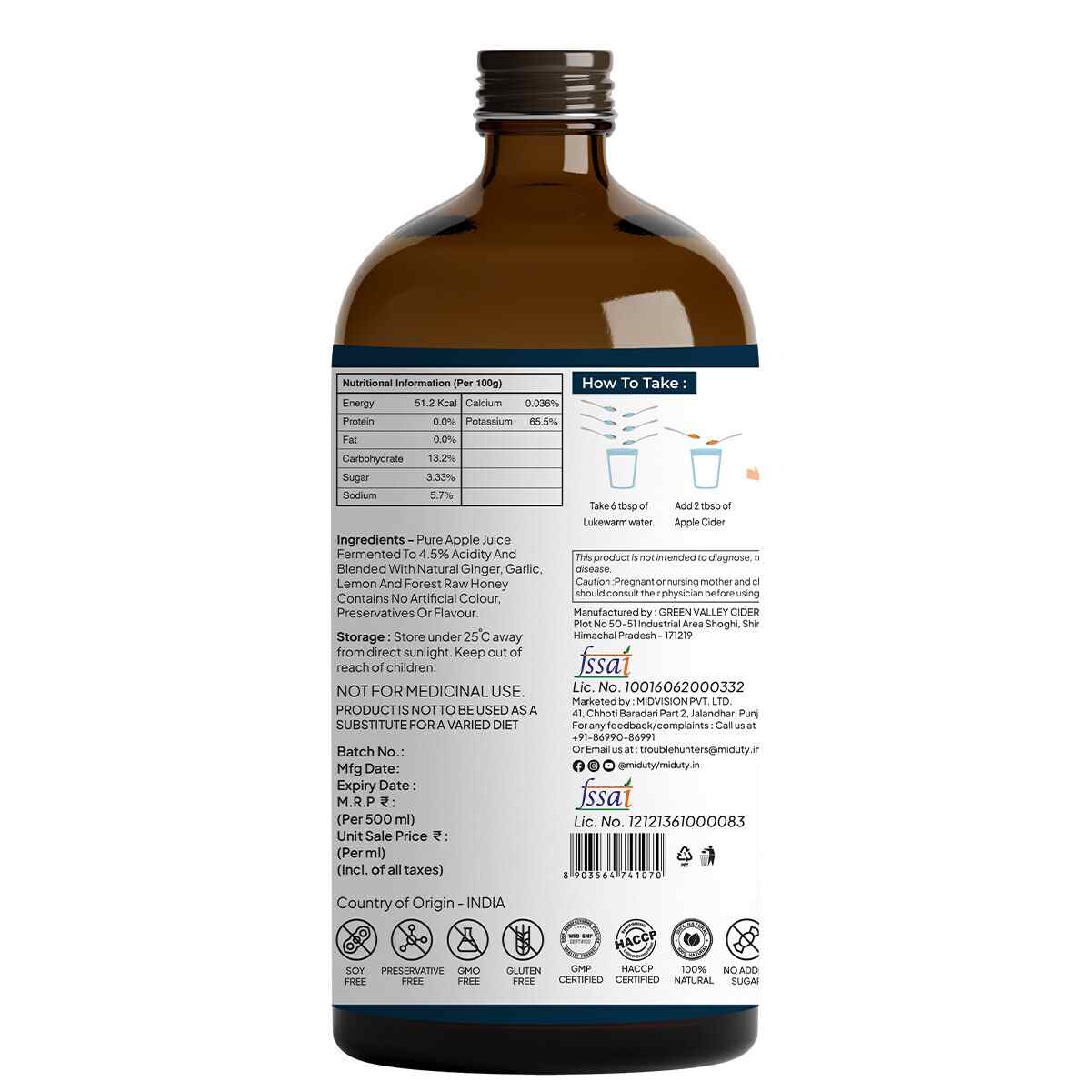 Miduty | Apple Cider Vinegar | Stevia | 500ml
