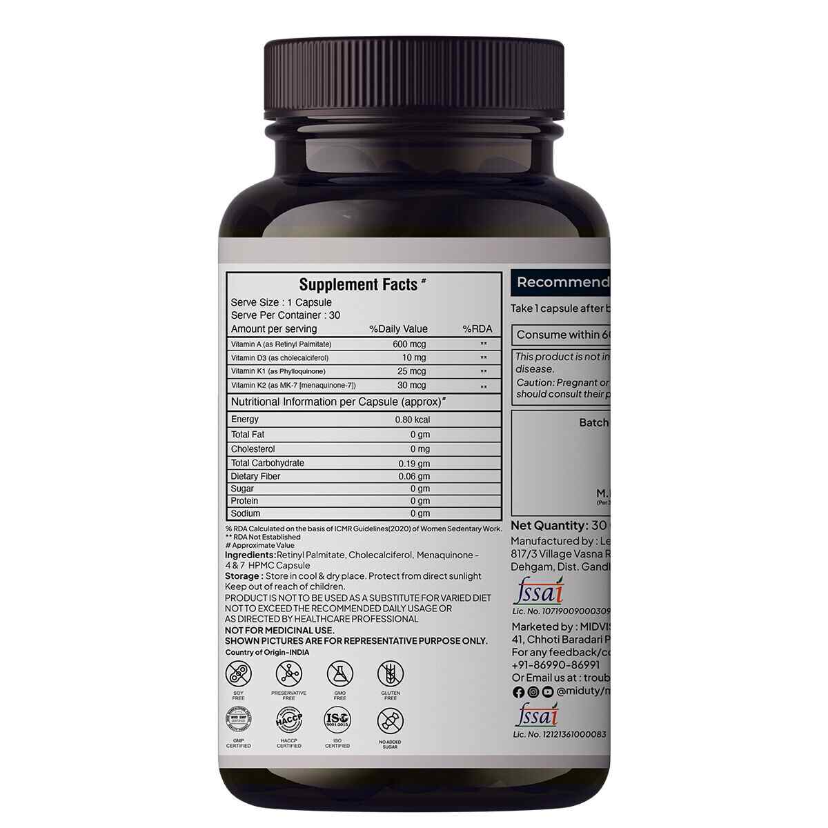 Miduty | Vitamin ADK - A D3 K2 K1 | 30 Cap