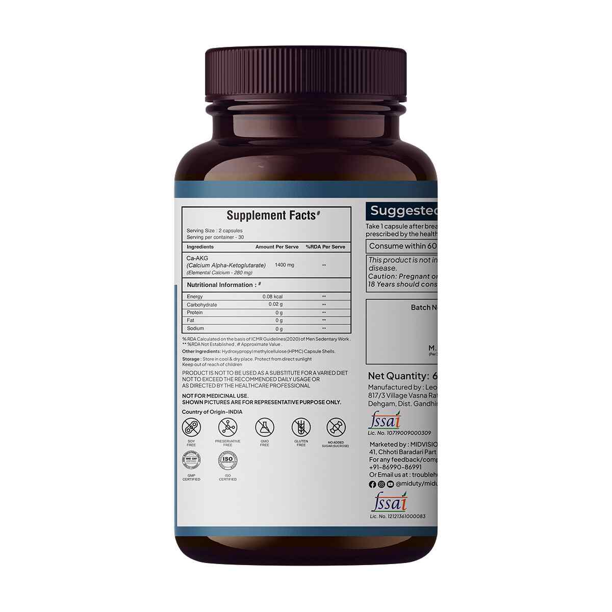 Miduty | Calcium Alpha-KetoGlutarate (Ca-AKG) Energy | 60 Cap