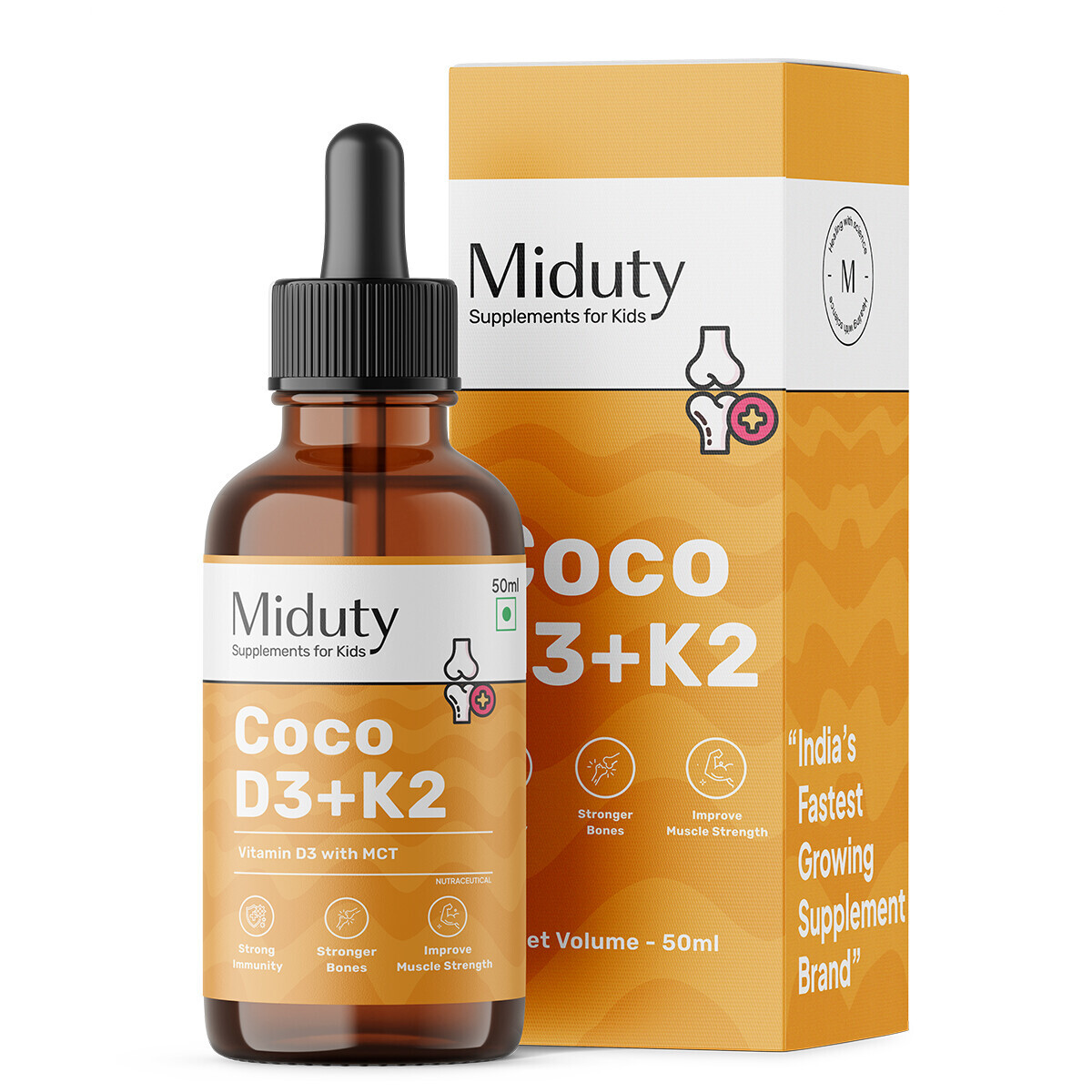 Miduty | Coco D3+K2 Drops for Kids & Babies | 600 IU D3 + MK-7 | Bone, Teeth & Immunity Support| 50ml