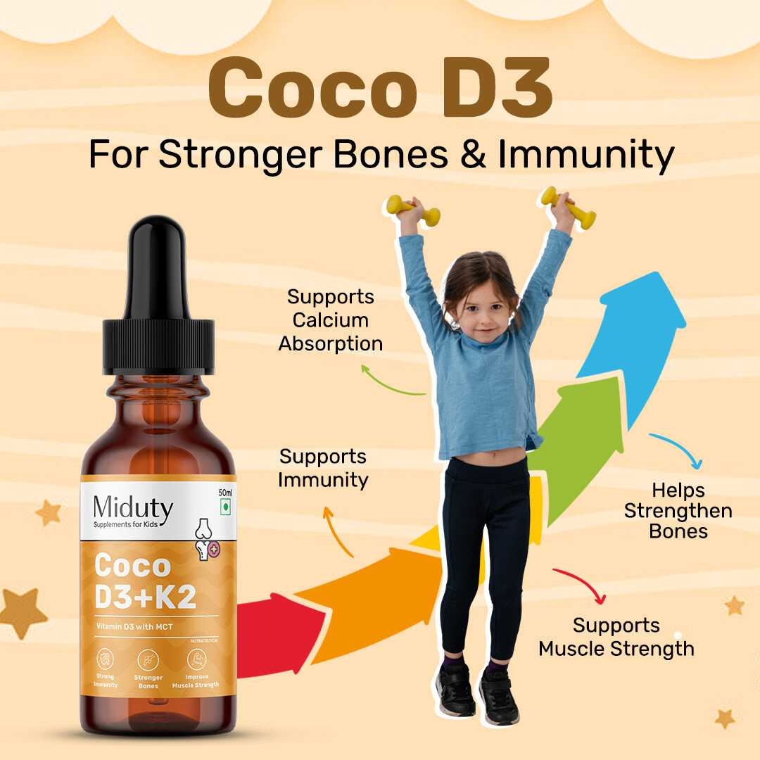 Miduty | Coco D3+K2 Drops for Kids & Babies | 600 IU D3 + MK-7 | Bone, Teeth & Immunity Support| 50ml