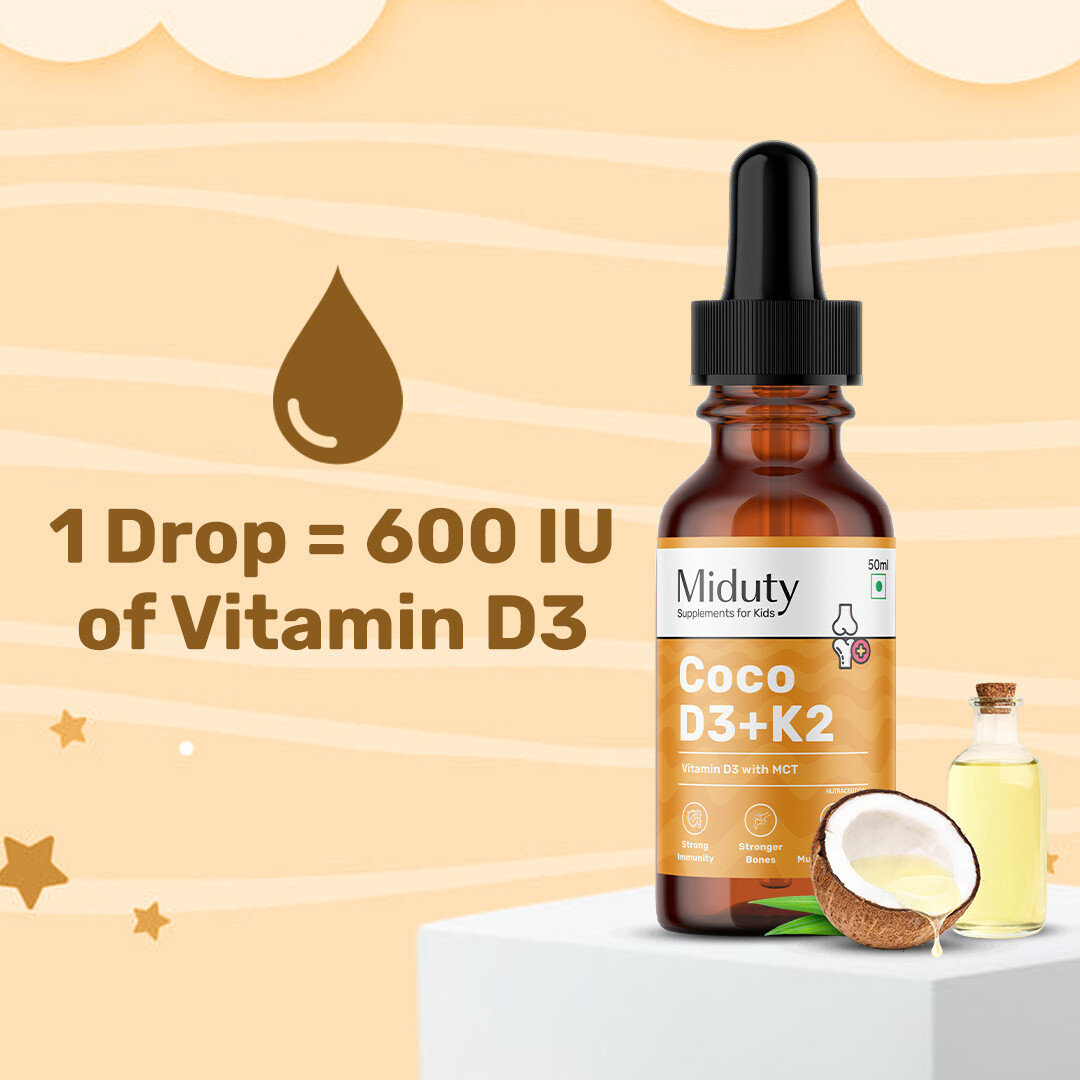 Miduty | Coco D3+K2 Drops for Kids & Babies | 600 IU D3 + MK-7 | Bone, Teeth & Immunity Support| 50ml