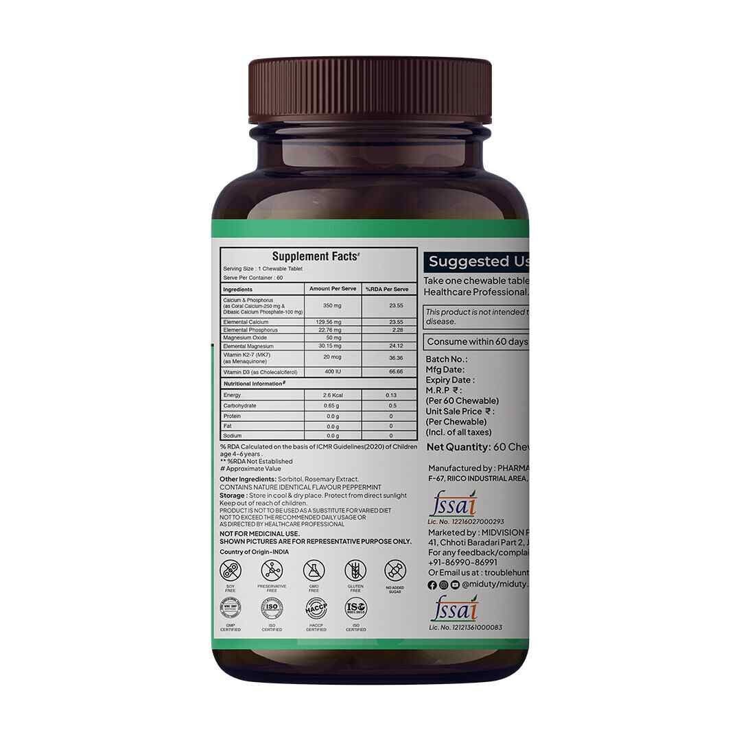 Miduty | Kids Calcium | Vitamin D3 | Chewable Tablets | 60 Tabs
