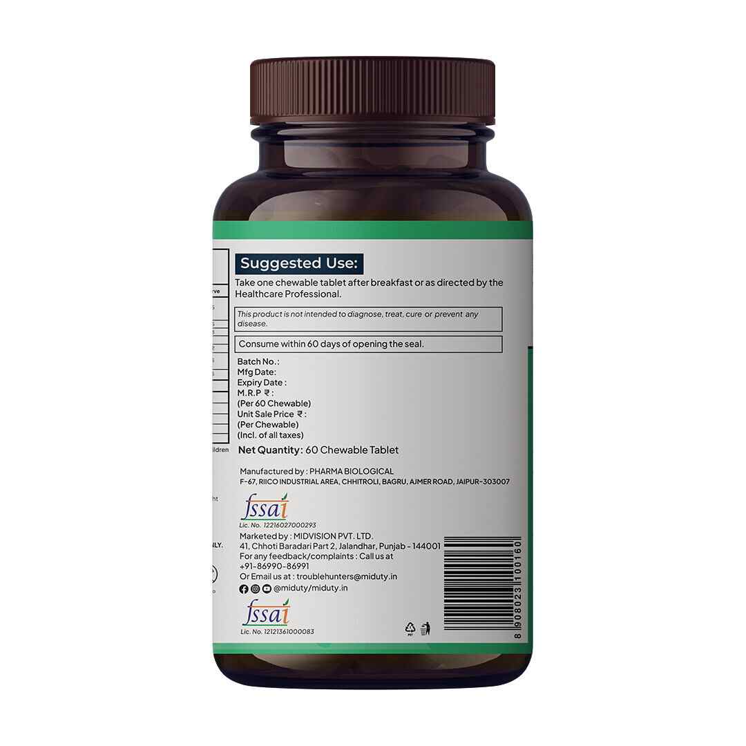 Miduty | Kids Calcium | Vitamin D3 | Chewable Tablets | 60 Tabs