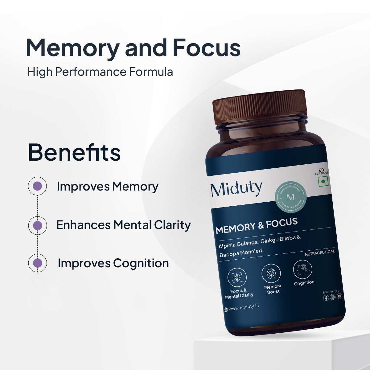 Miduty | Memory & Focus | Bacopa Monnieri | Caffeine free | 60 Cap