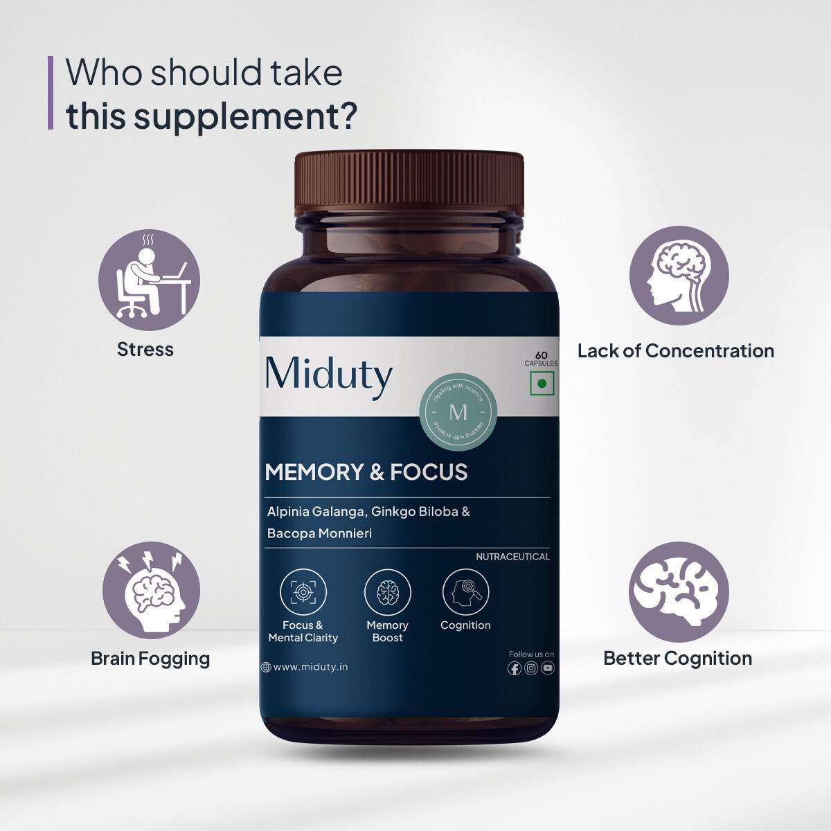 Miduty | Memory & Focus | Bacopa Monnieri | Caffeine free | 60 Cap