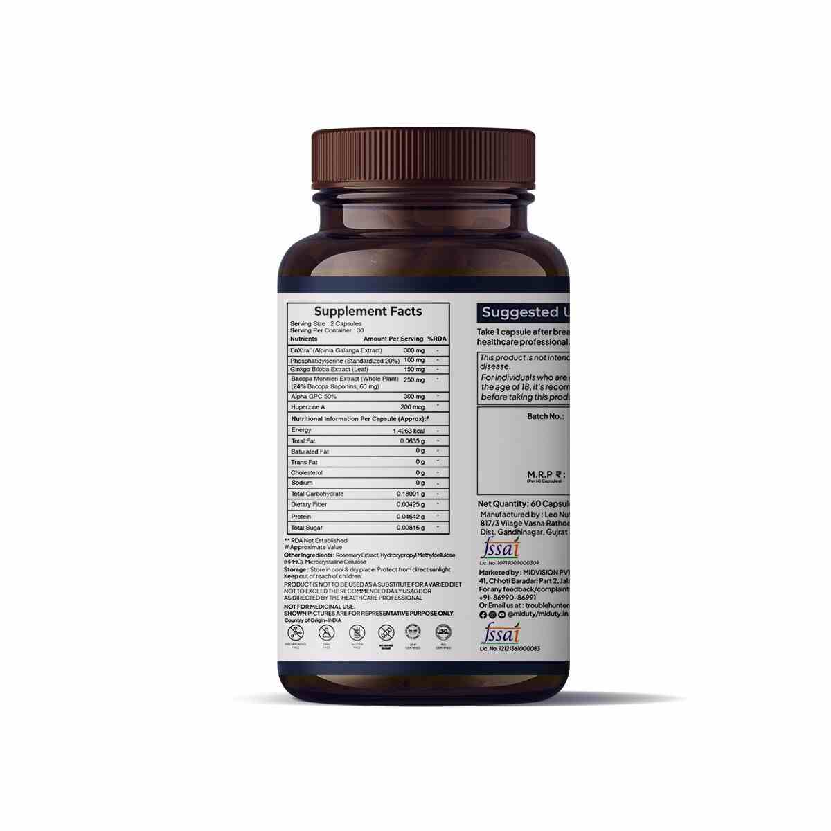 Miduty | Memory & Focus | Bacopa Monnieri | Caffeine free | 60 Cap