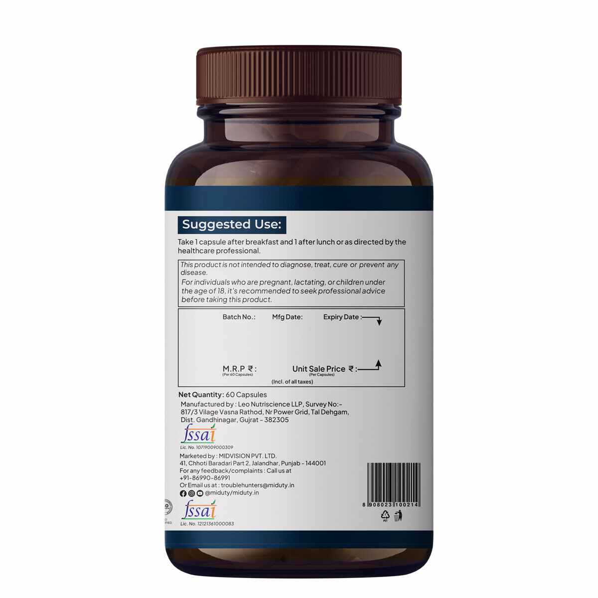 Miduty | Memory & Focus | Bacopa Monnieri | Caffeine free | 60 Cap