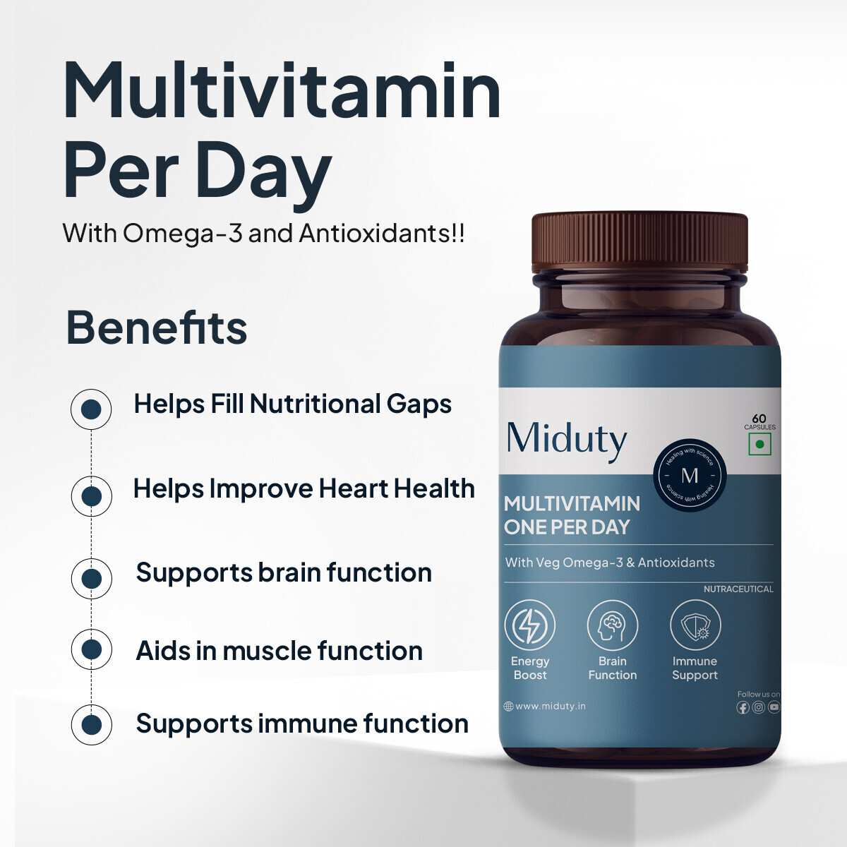 Miduty | Multivitamin | Multimineral supplement | Omega 3 | Magnesium | Vegetarian | 30 Cap