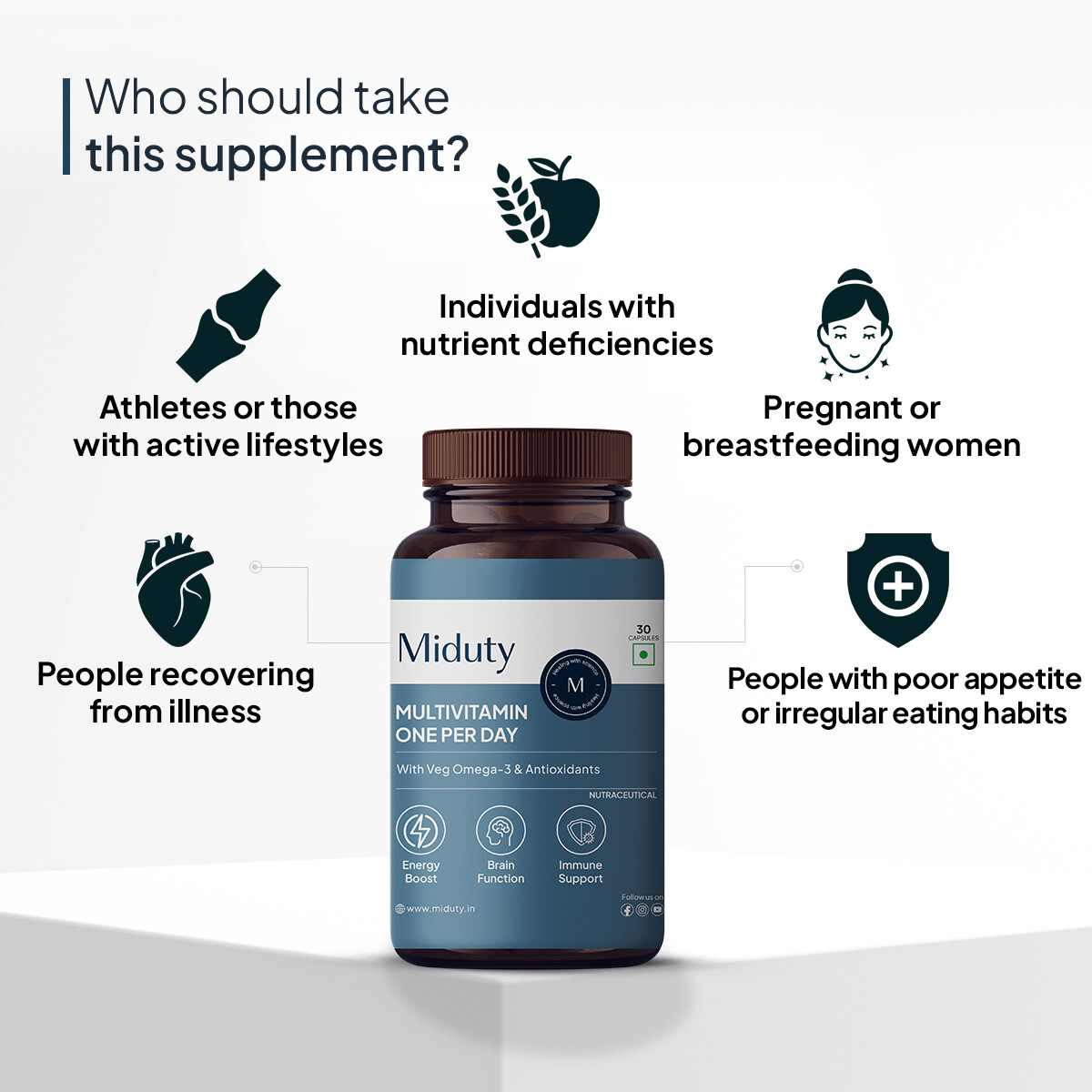 Miduty | Multivitamin | Multimineral supplement | Omega 3 | Magnesium | Vegetarian | 30 Cap