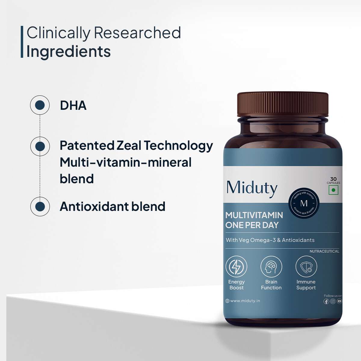Miduty | Multivitamin | Multimineral supplement | Omega 3 | Magnesium | Vegetarian | 30 Cap