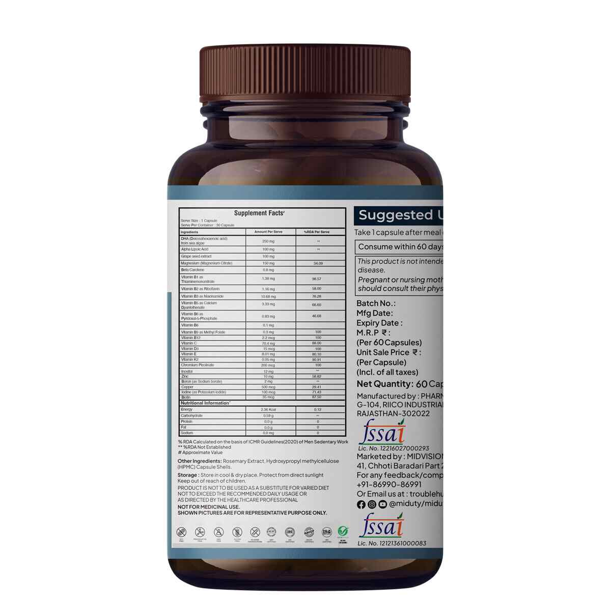 Miduty | Multivitamin | Multimineral supplement | Omega 3 | Magnesium | Vegetarian | 30 Cap