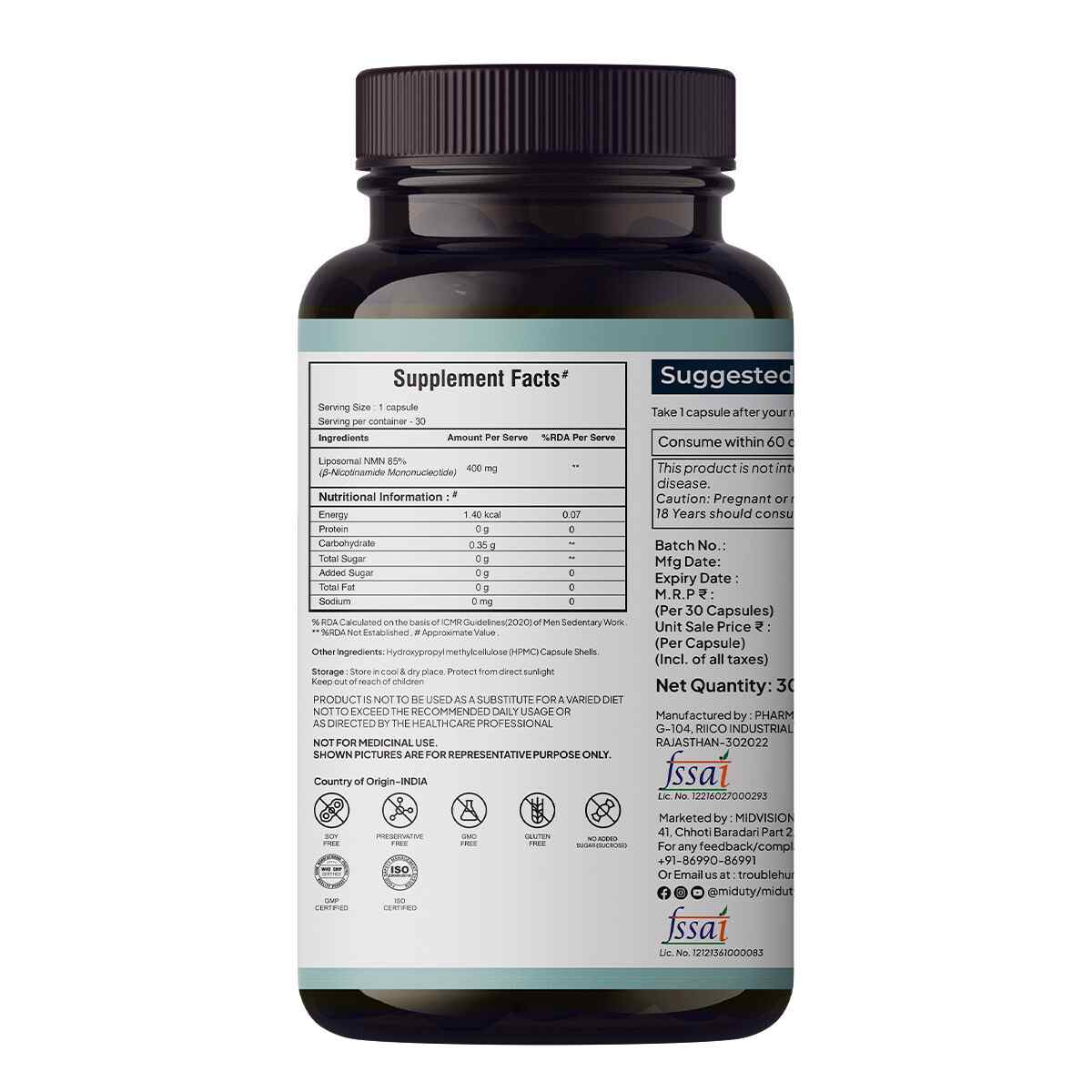 Miduty | Liposomal | NMN 85% | Cellular Energy | Anti Aging NAD+ Booster | 30 Cap