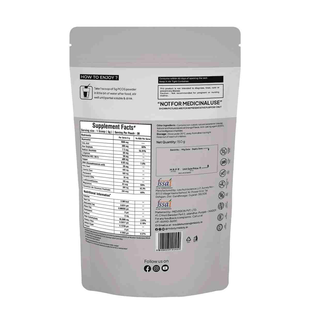 Miduty | PCOS Support | Myo-Inositol | D-Chiro Inositol | Period Cycle | Fertility | 150g