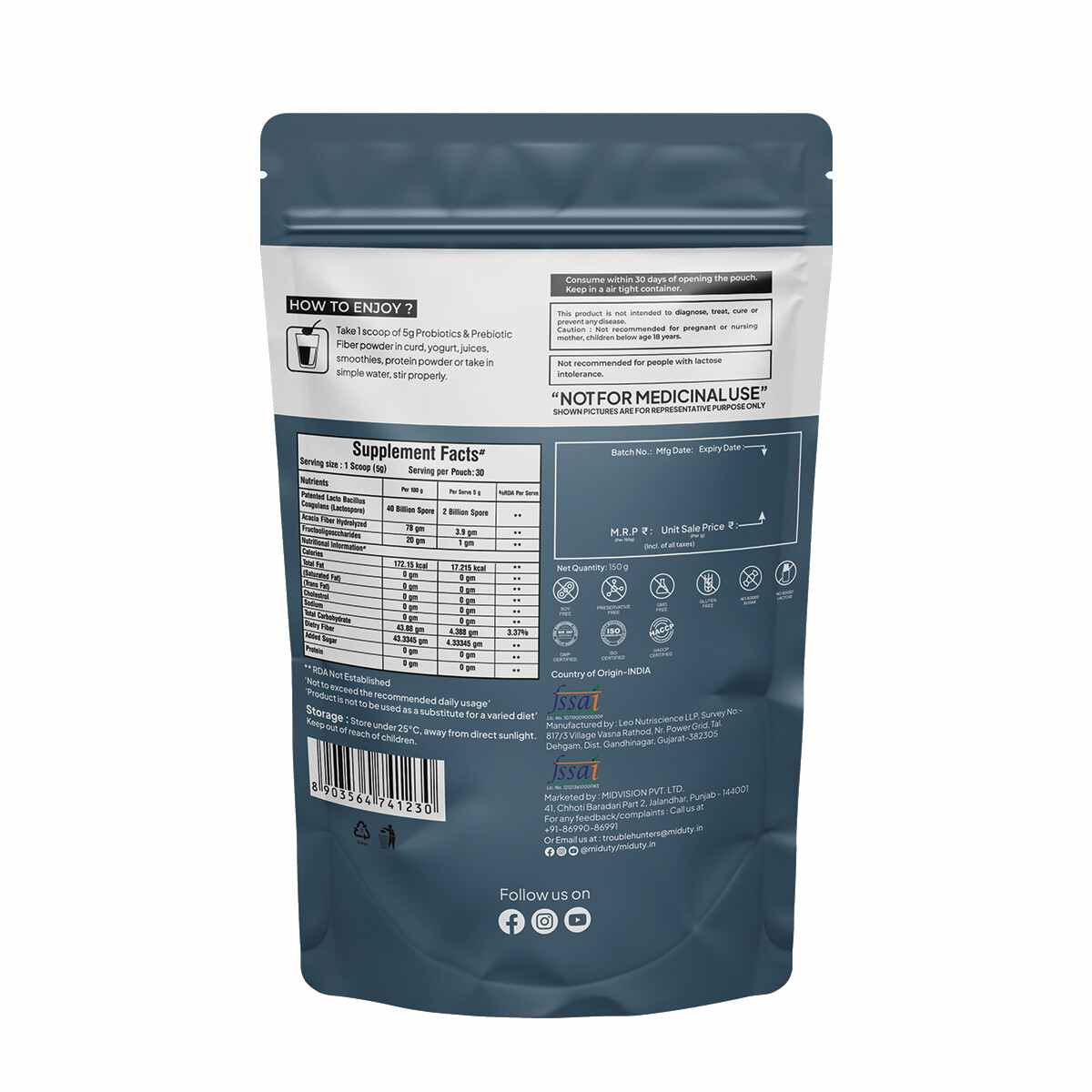 Miduty | Probiotics & Prebiotics Fiber | Gut Health | Skin Issues | Patented Lacto Baccilus | 150g
