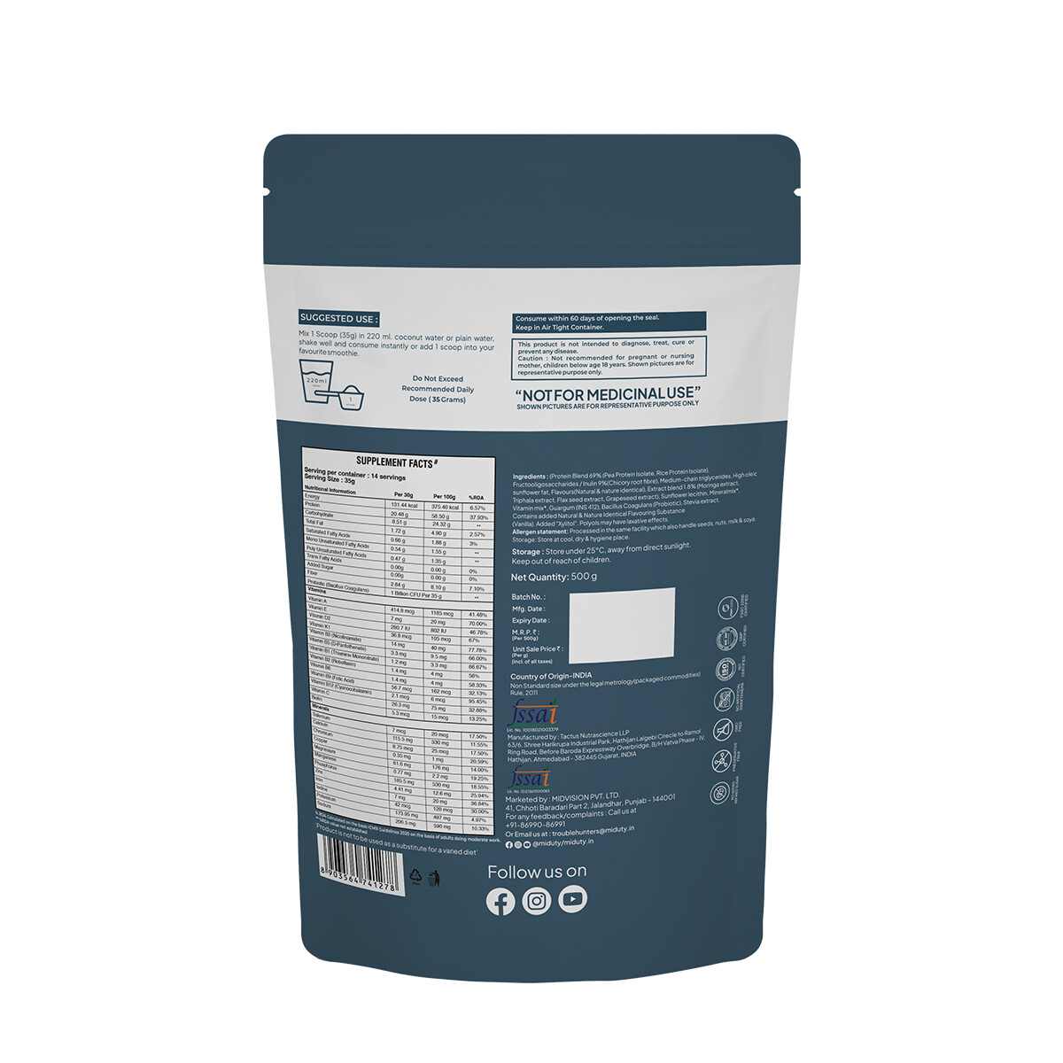 Miduty | ShapeMe Up Plant Protein | Pea & Brown Rice Protein | Weight Loss | Vegan | Chocolate | 500g