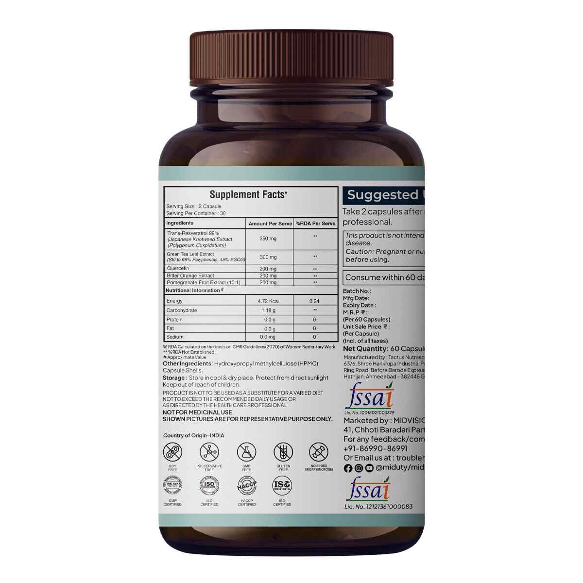 Miduty | Stop Aging-Trans Resveratrol 99% supplement | Green Tea | 30 Cap