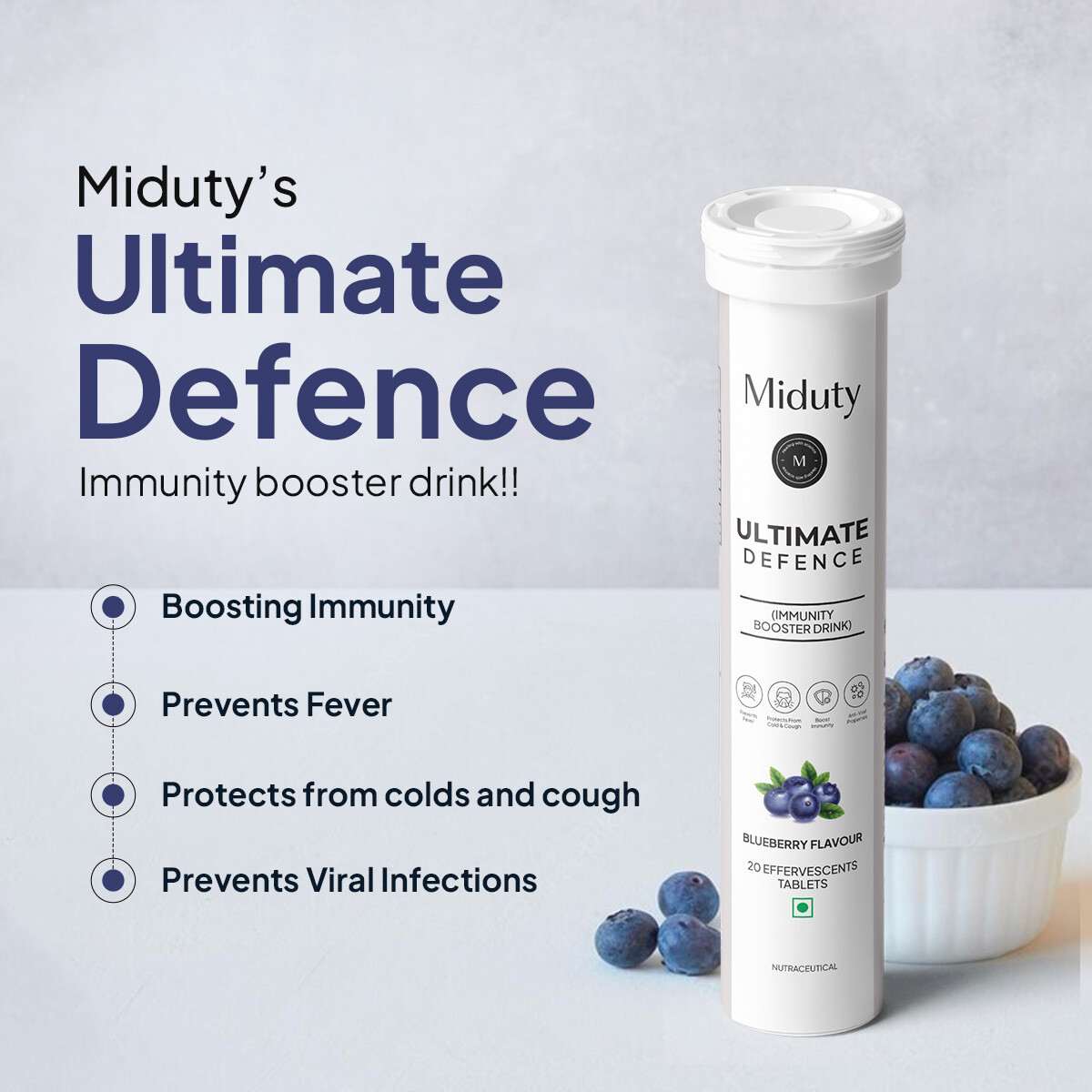 Miduty | Ultimate Defence | Immunity Booster | Vit C-Zinc | Elderberry Extract | Effervescent | 20 Tab