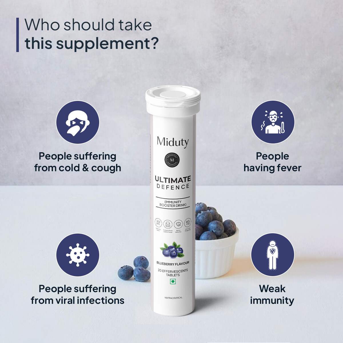 Miduty | Ultimate Defence | Immunity Booster | Vit C-Zinc | Elderberry Extract | Effervescent | 20 Tab