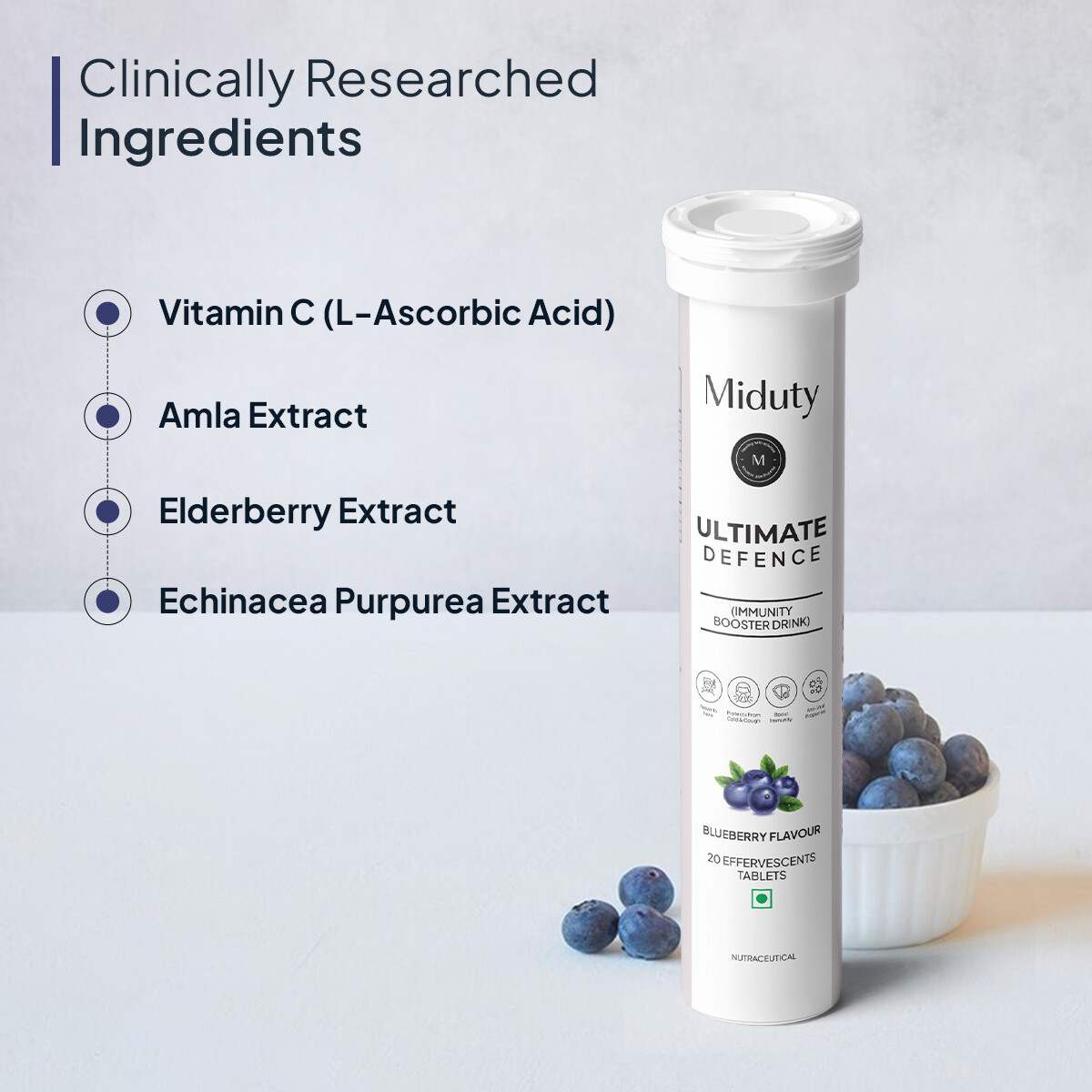 Miduty | Ultimate Defence | Immunity Booster | Vit C-Zinc | Elderberry Extract | Effervescent | 20 Tab