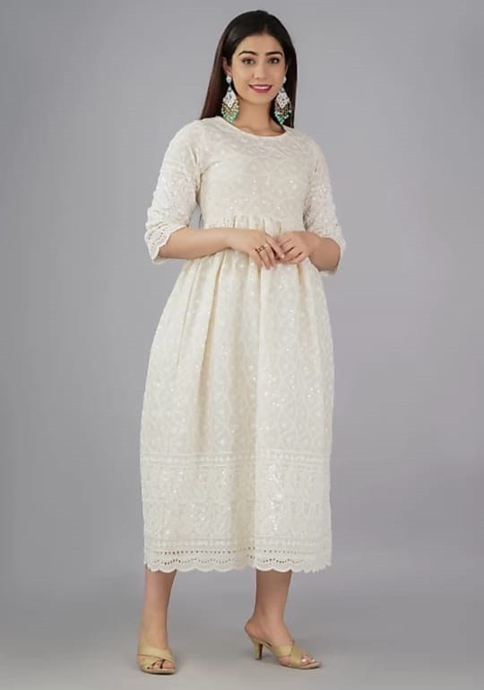 White Chikan Cotton Anarkali Embroidery Kurta Dress