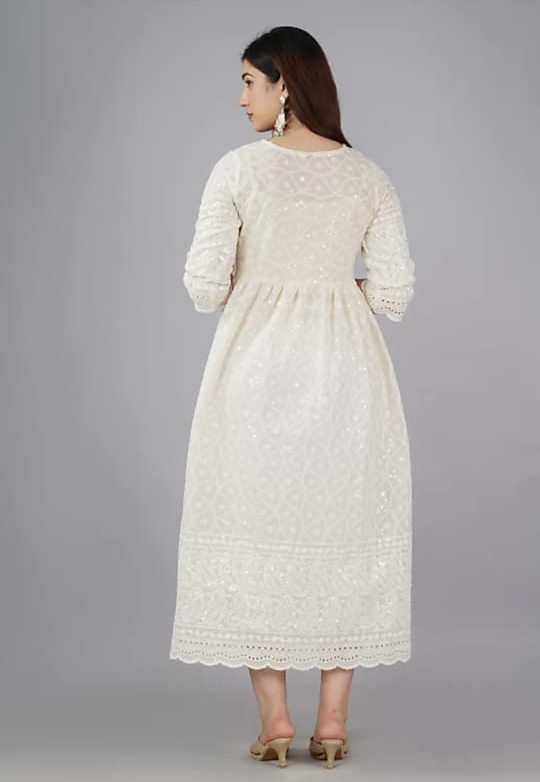 White Chikan Cotton Anarkali Embroidery Kurta Dress