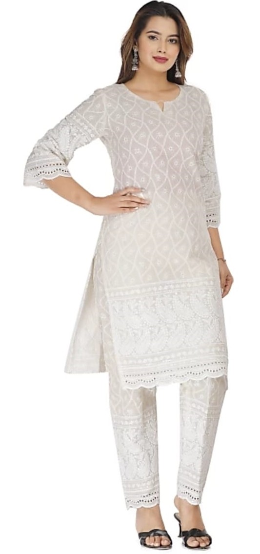 Miravan womens  cotton printed Embroidery straight kurta and Pant Set