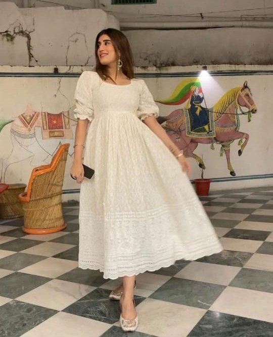 White Chikan Cotton Anarkali Embroidery Kurta Dress