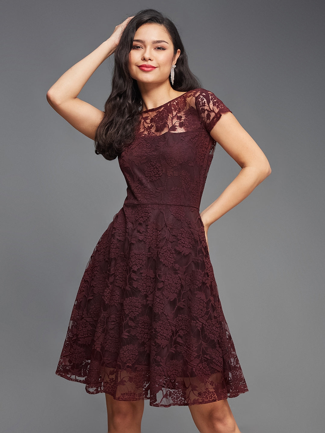 Wine Round Neck Cap Sleeves Lace Knee-Long Skater Dress