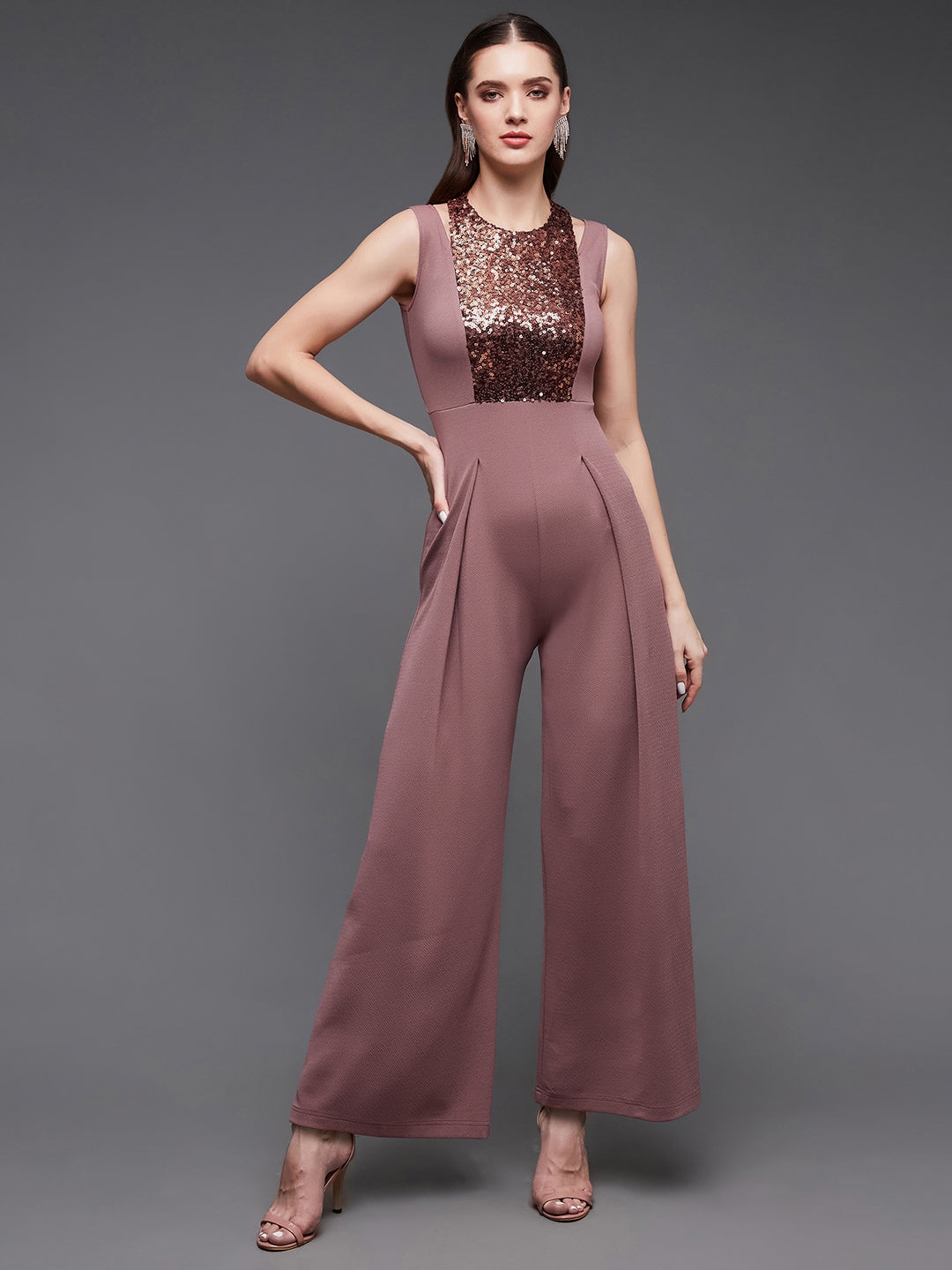 MISS CHASE | Mauve Color Halter Neck Sleeveless Solid Pleated/Wide Leg Sequin Paneled Regular Length Jumpsuit
