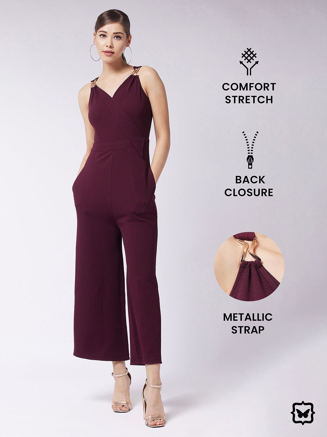 MISS CHASE | Wine V-Neck Sleeveless Solid Wrap Regular Jumpsuit
