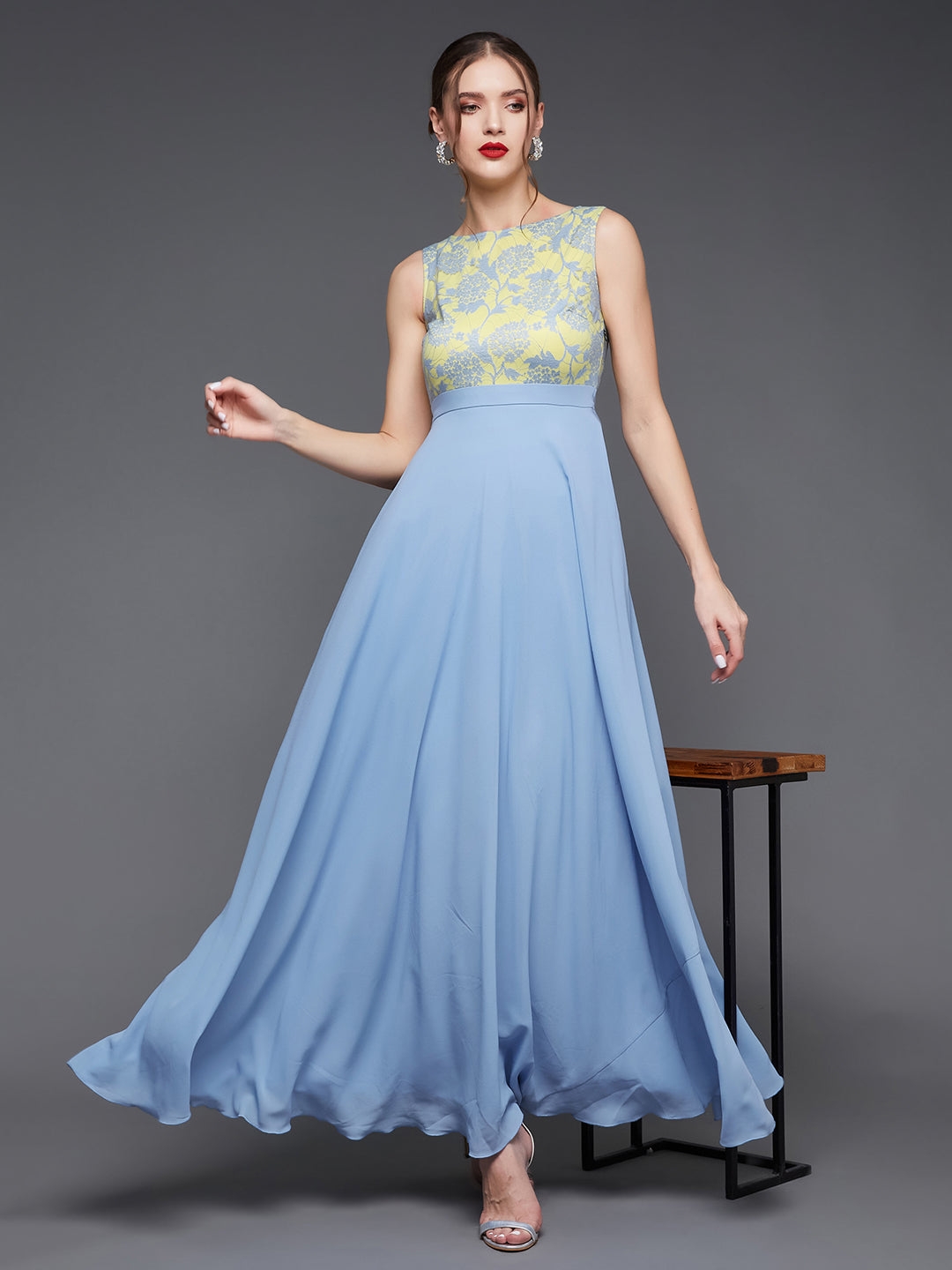 MISS CHASE | Women's Blue Polyester EmbroideredEveningwear Gowns