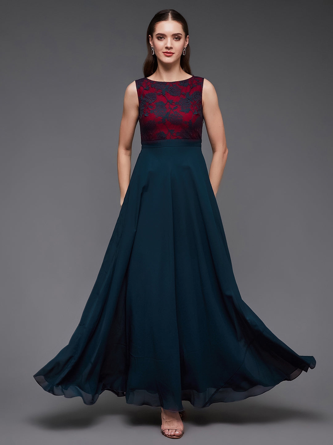 Teal Round Neck Sleeveless Georgette & Lace Floral Fit & Flare Maxi Dress